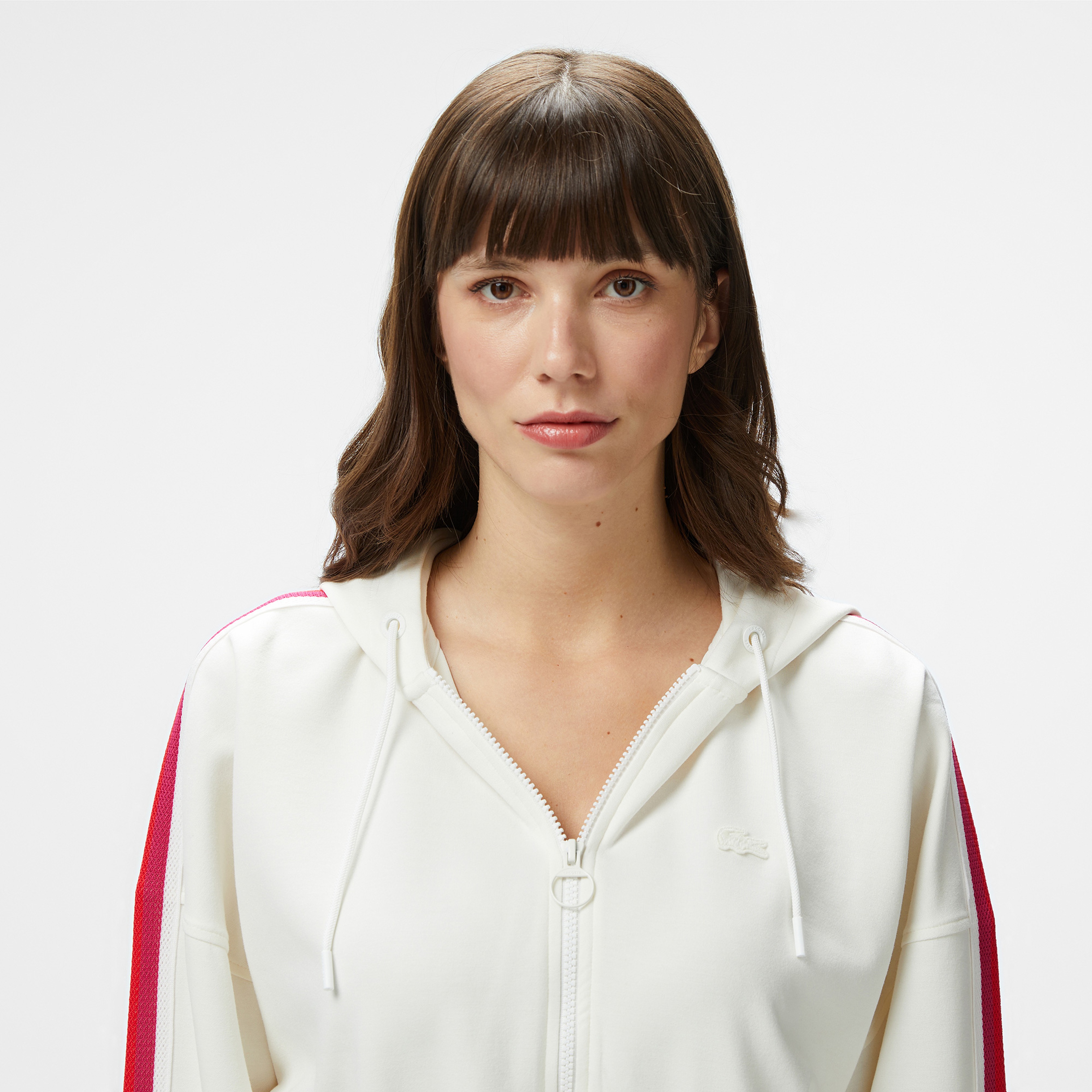 Kadın Crop Fit Fermuarlı Renk Bloklu Beyaz Sweatshirt