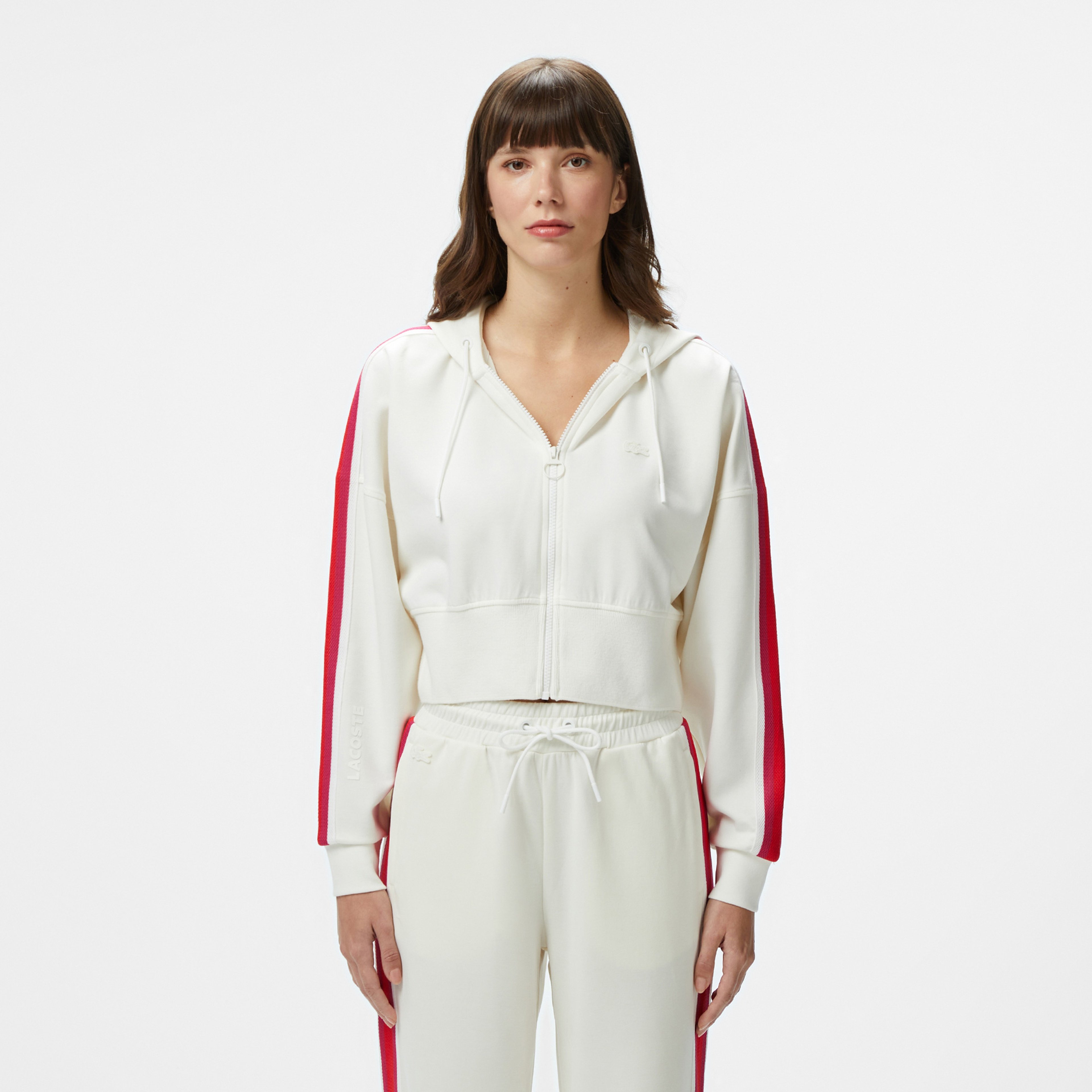 Kadın Crop Fit Fermuarlı Renk Bloklu Beyaz Sweatshirt