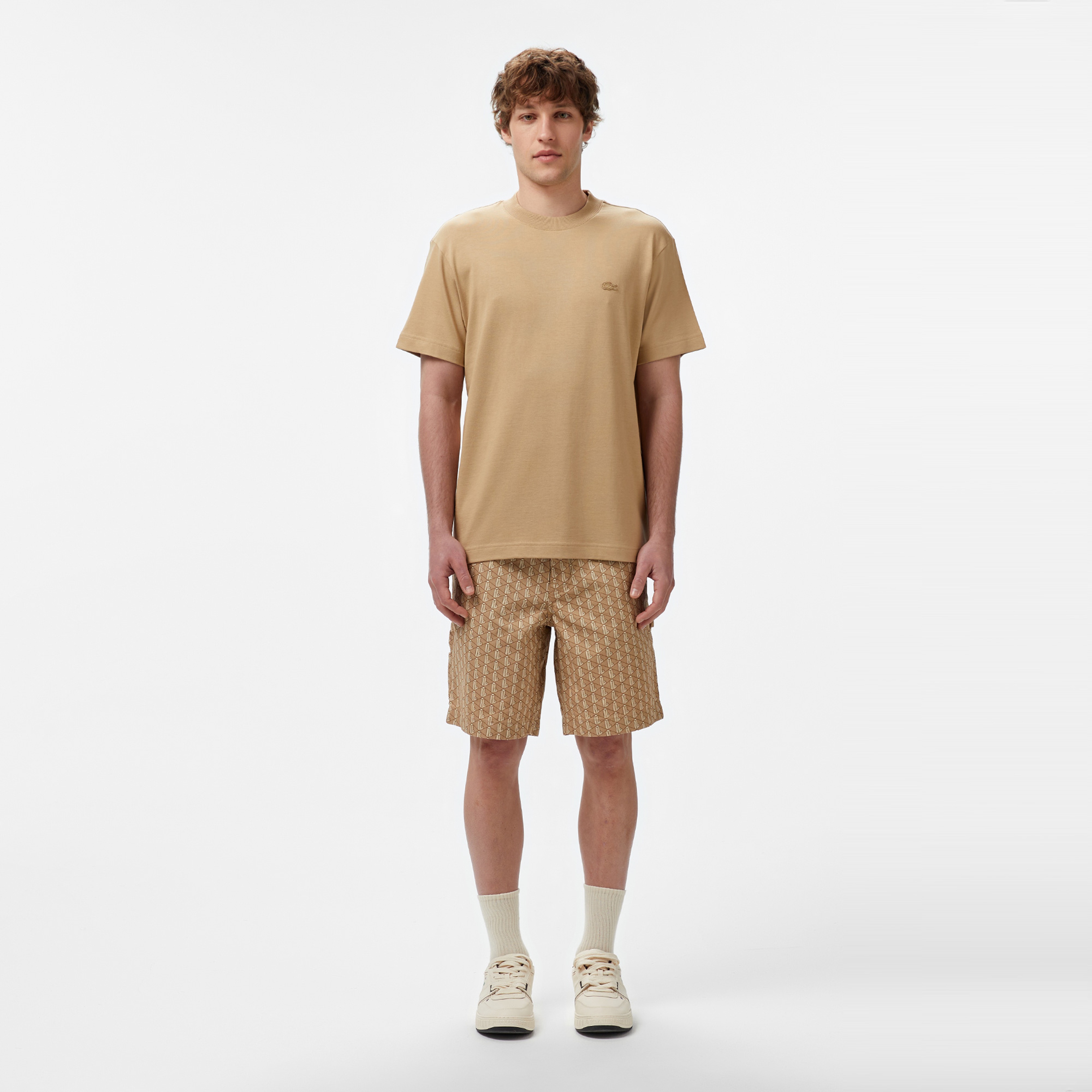 Erkek Loose Fit Monogram Bej Bermuda Şort