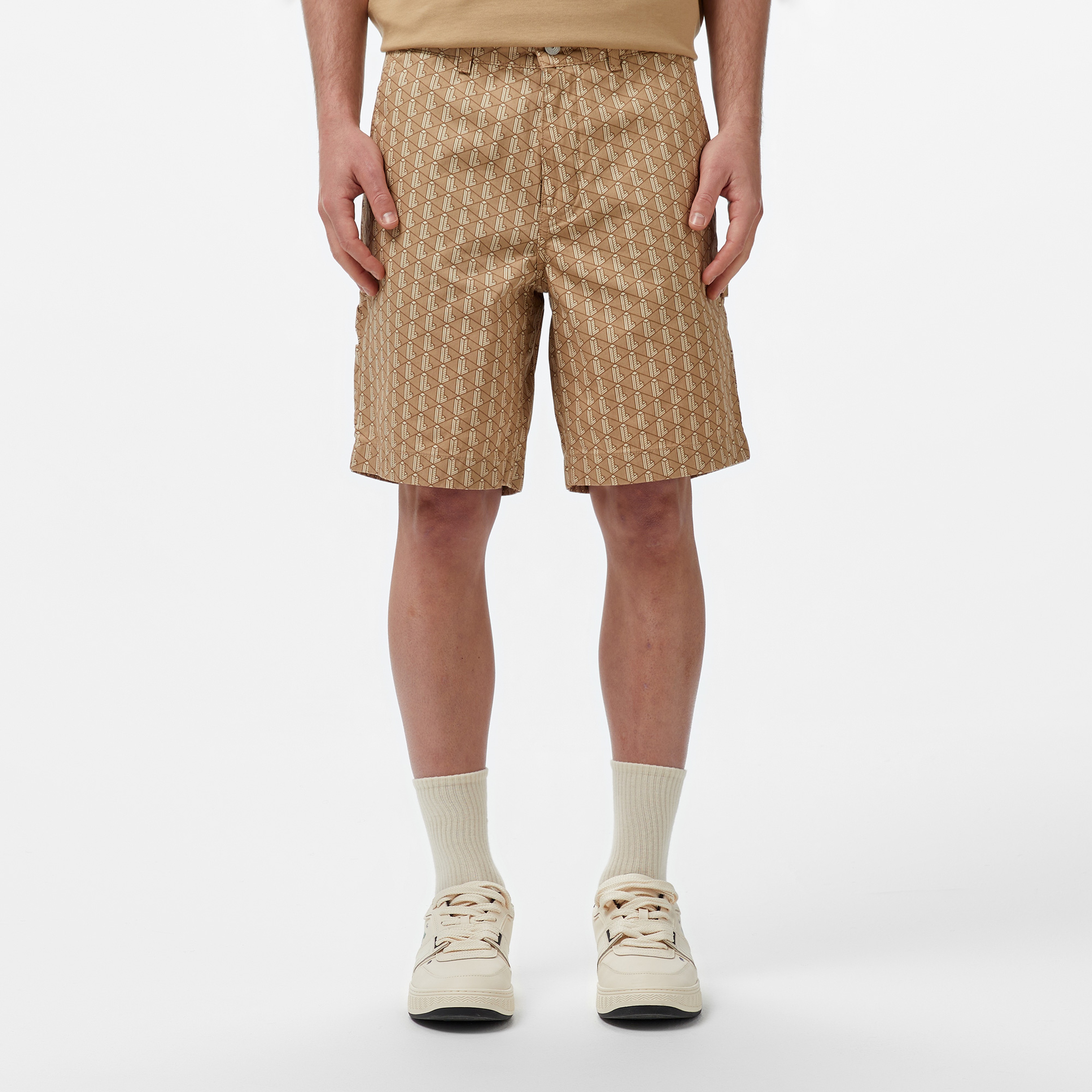 Erkek Loose Fit Monogram Bej Bermuda Şort