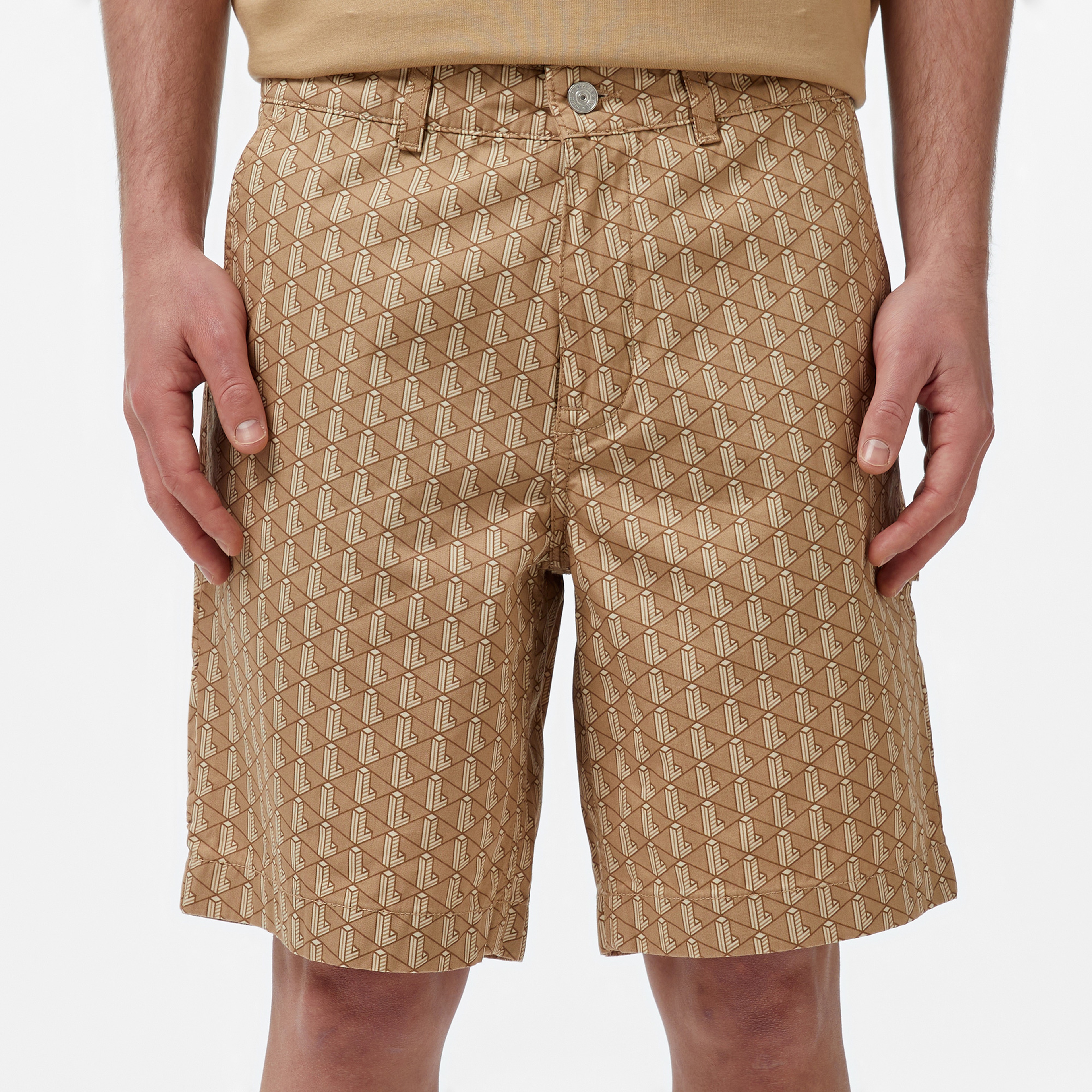 Erkek Loose Fit Monogram Bej Bermuda Şort