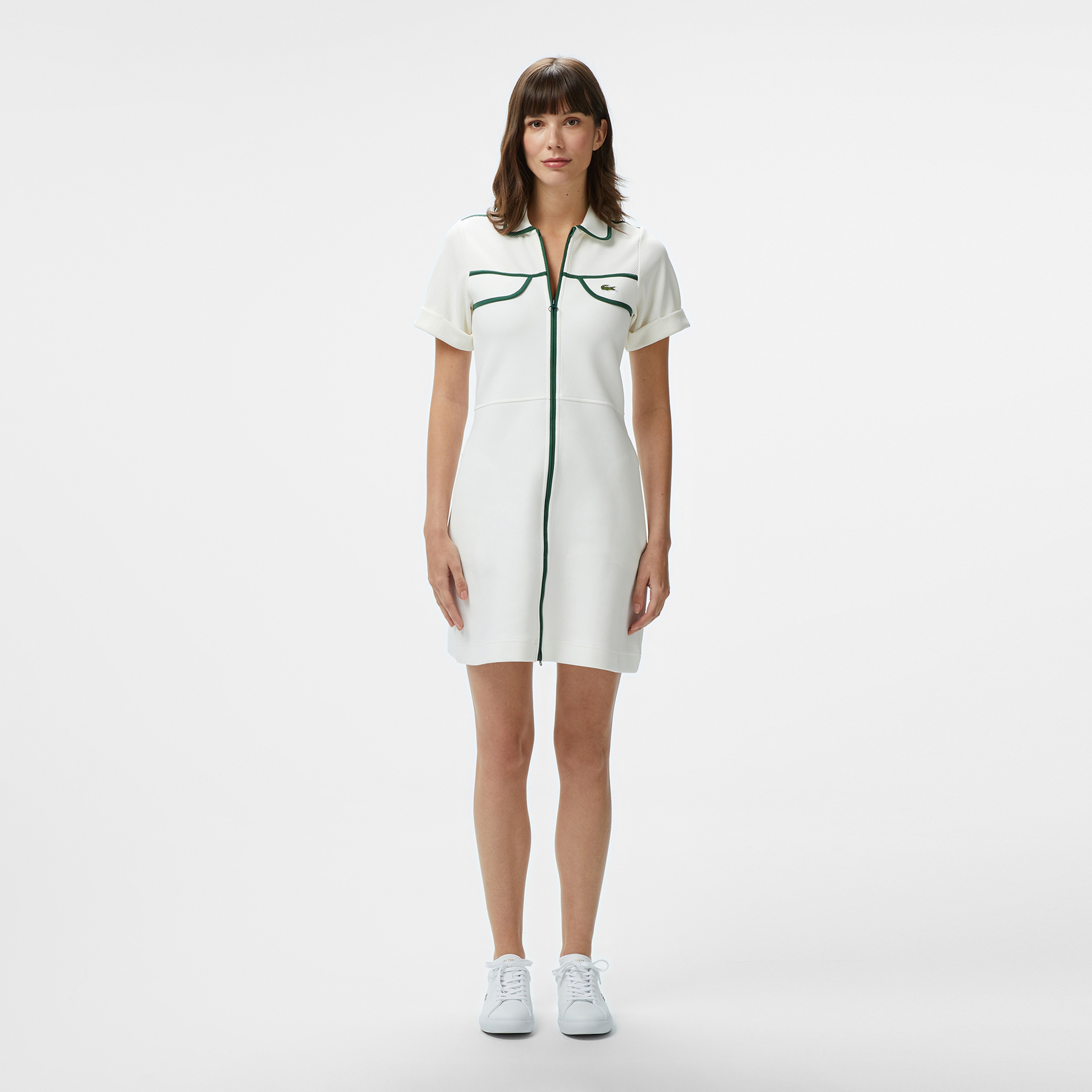 Kadın Classic Fit Kısa Kollu Polo Yaka Renk Bloklu Beyaz Elbise