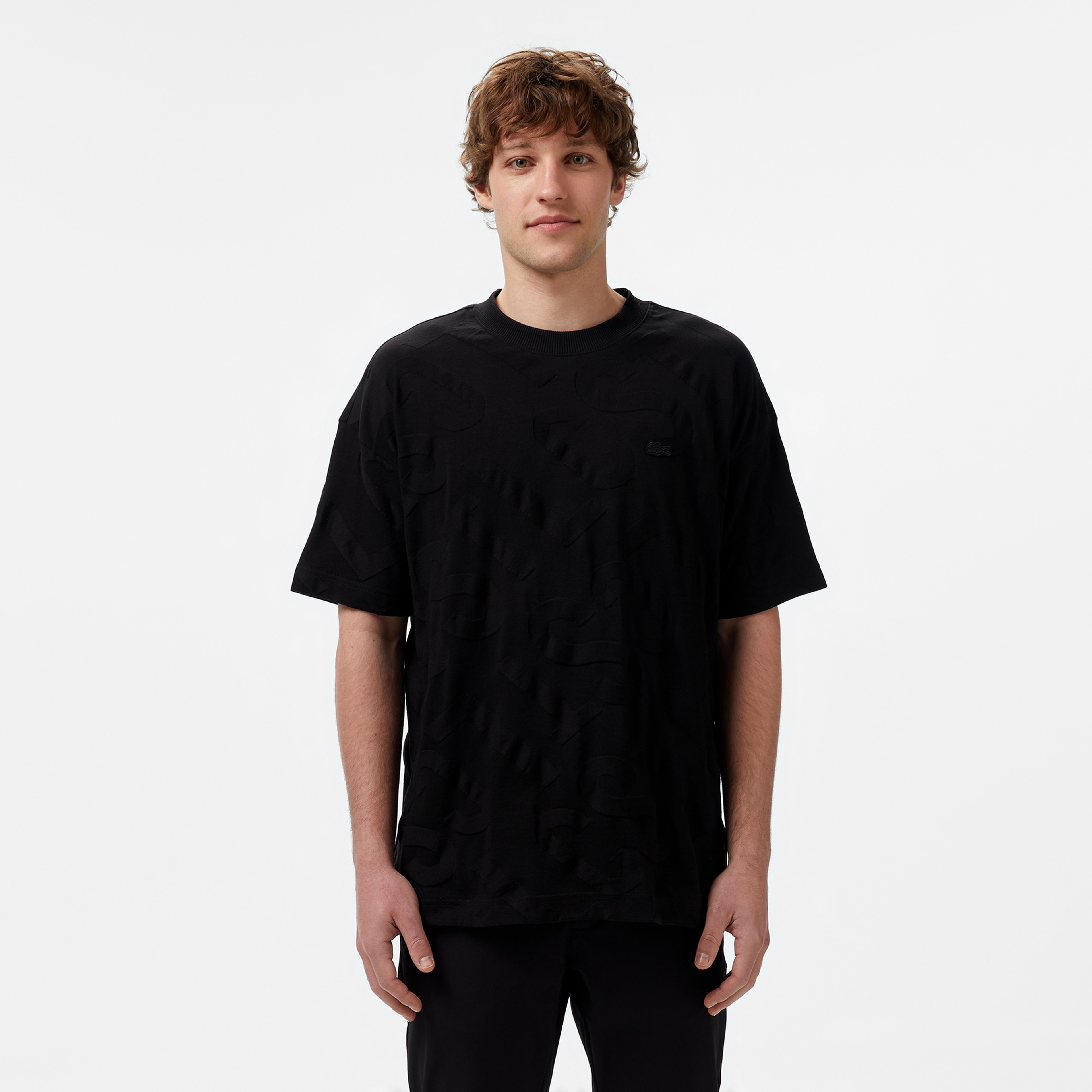 Erkek Bisiklet Yaka Desenli Siyah T-Shirt