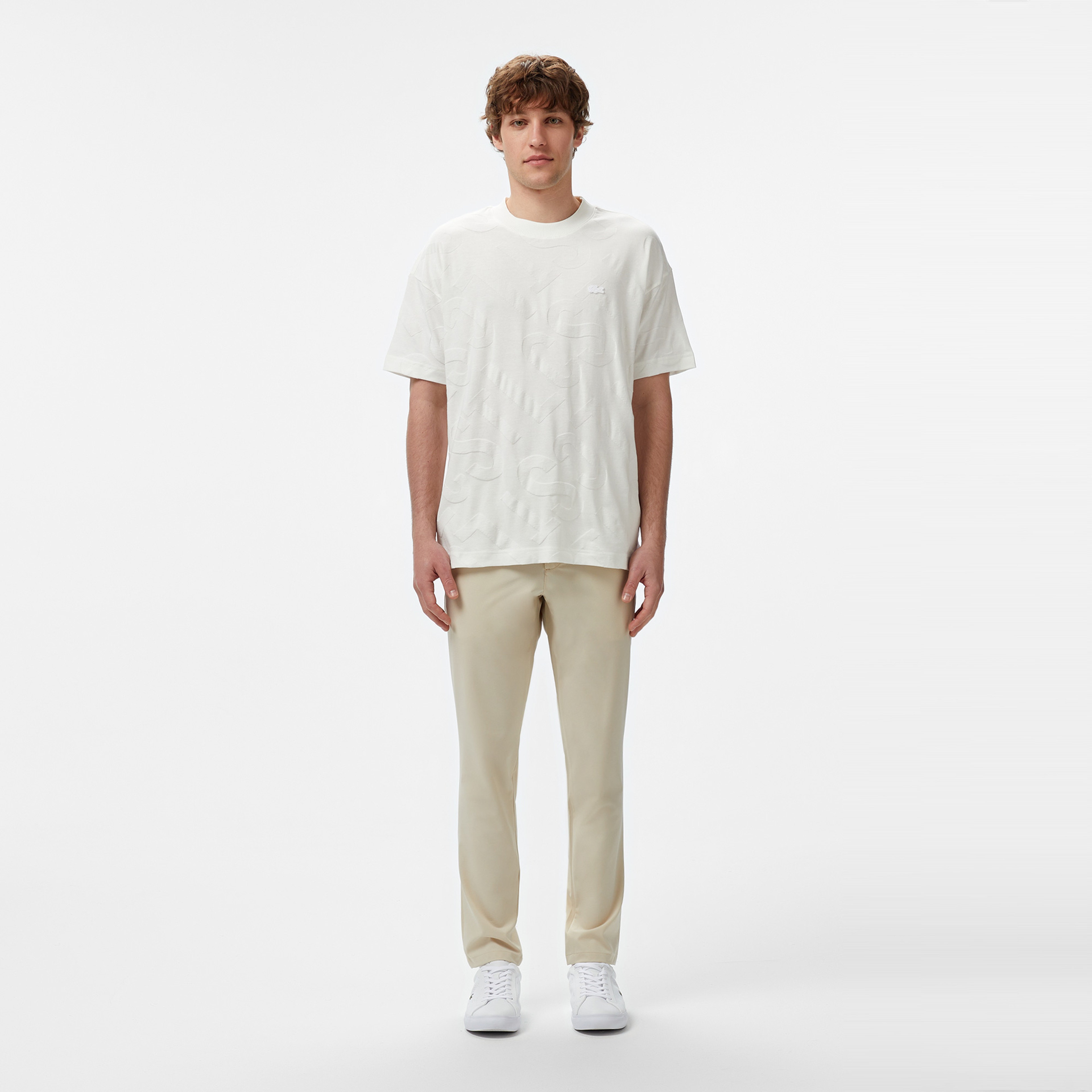 Erkek Bisiklet Yaka Desenli Beyaz T-Shirt