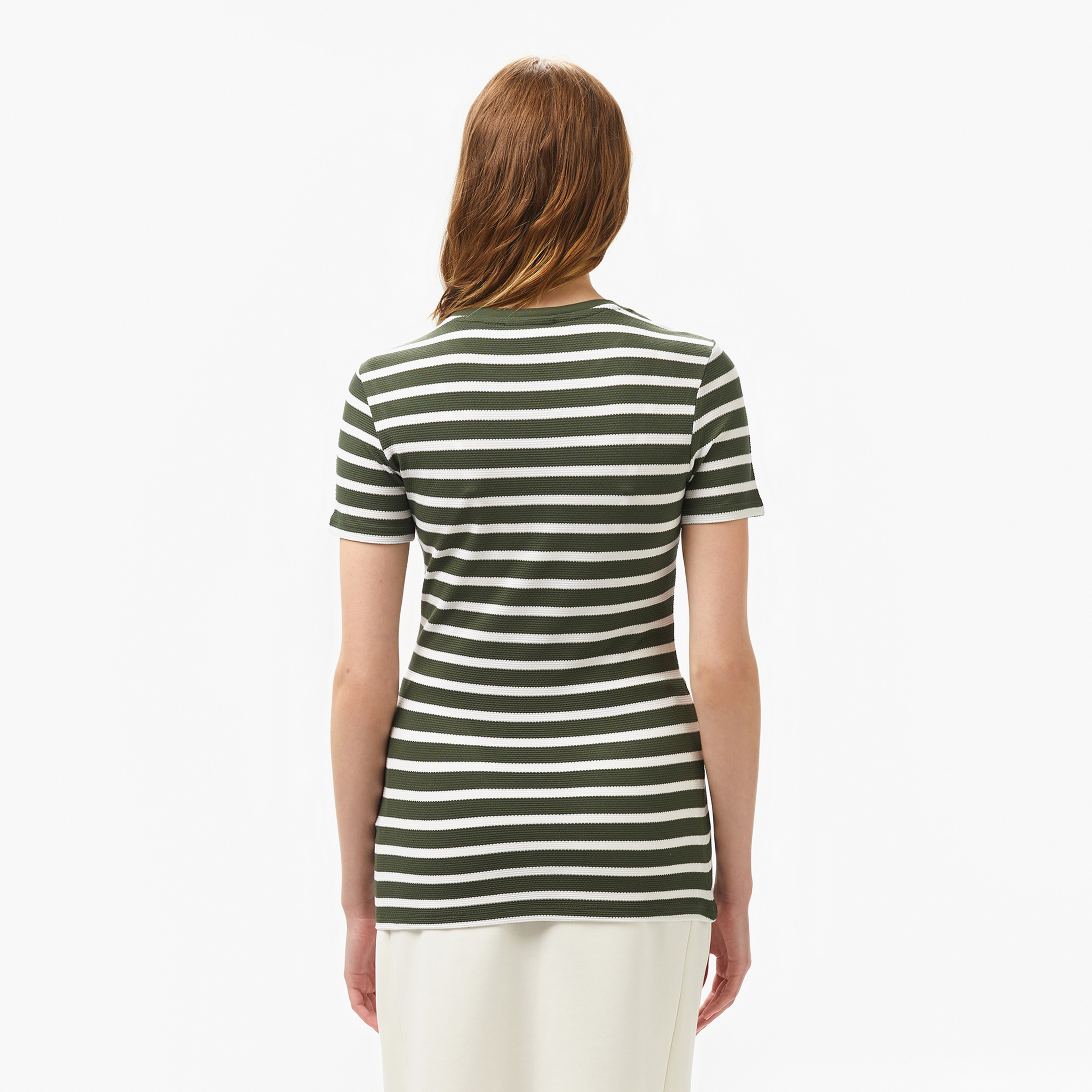 Kadın Slim Fit Bisiklet Yaka Çizgili Koyu Yeşil T-Shirt