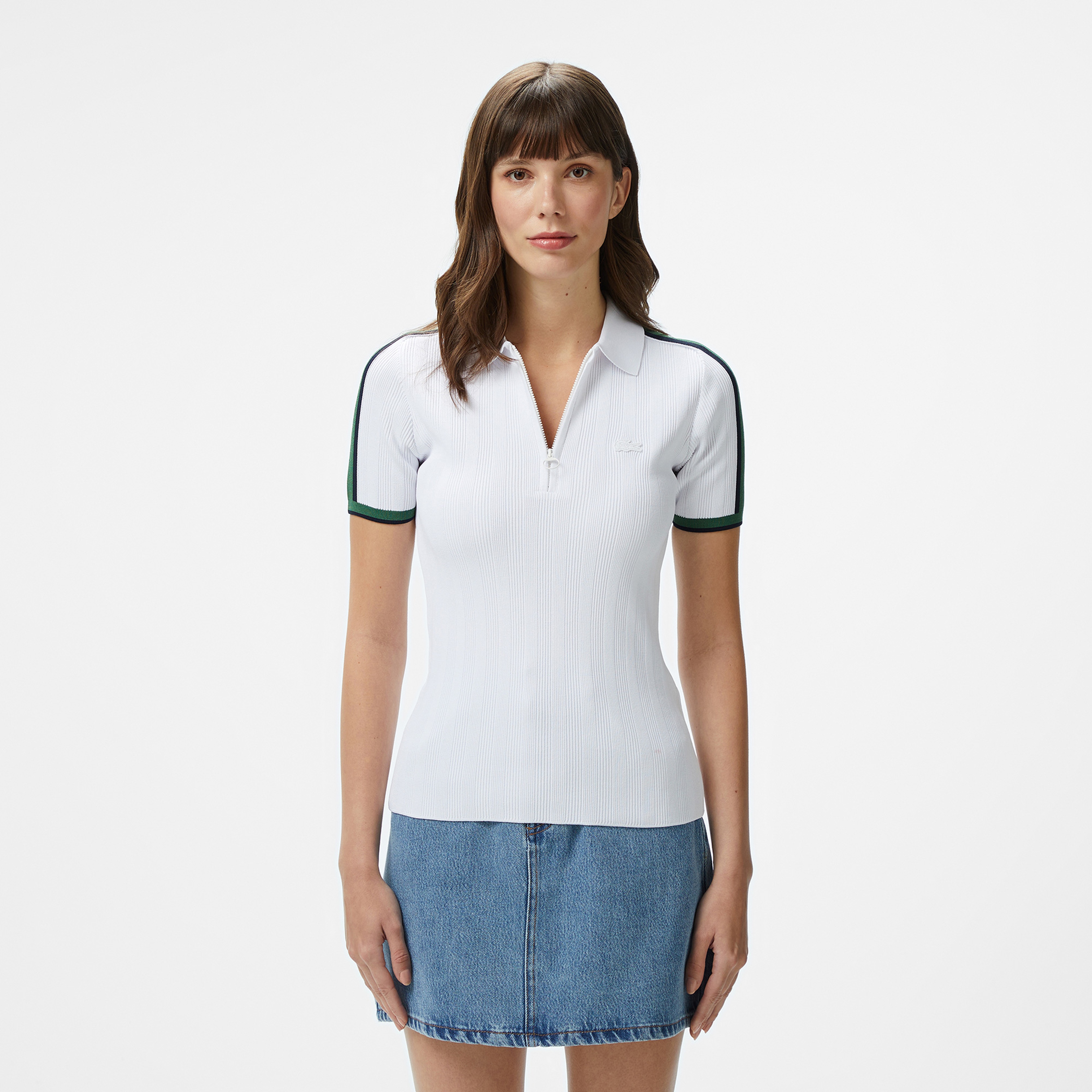 Kadın Slim Fit Kısa Kollu Yarım Fermuarlı Beyaz Triko