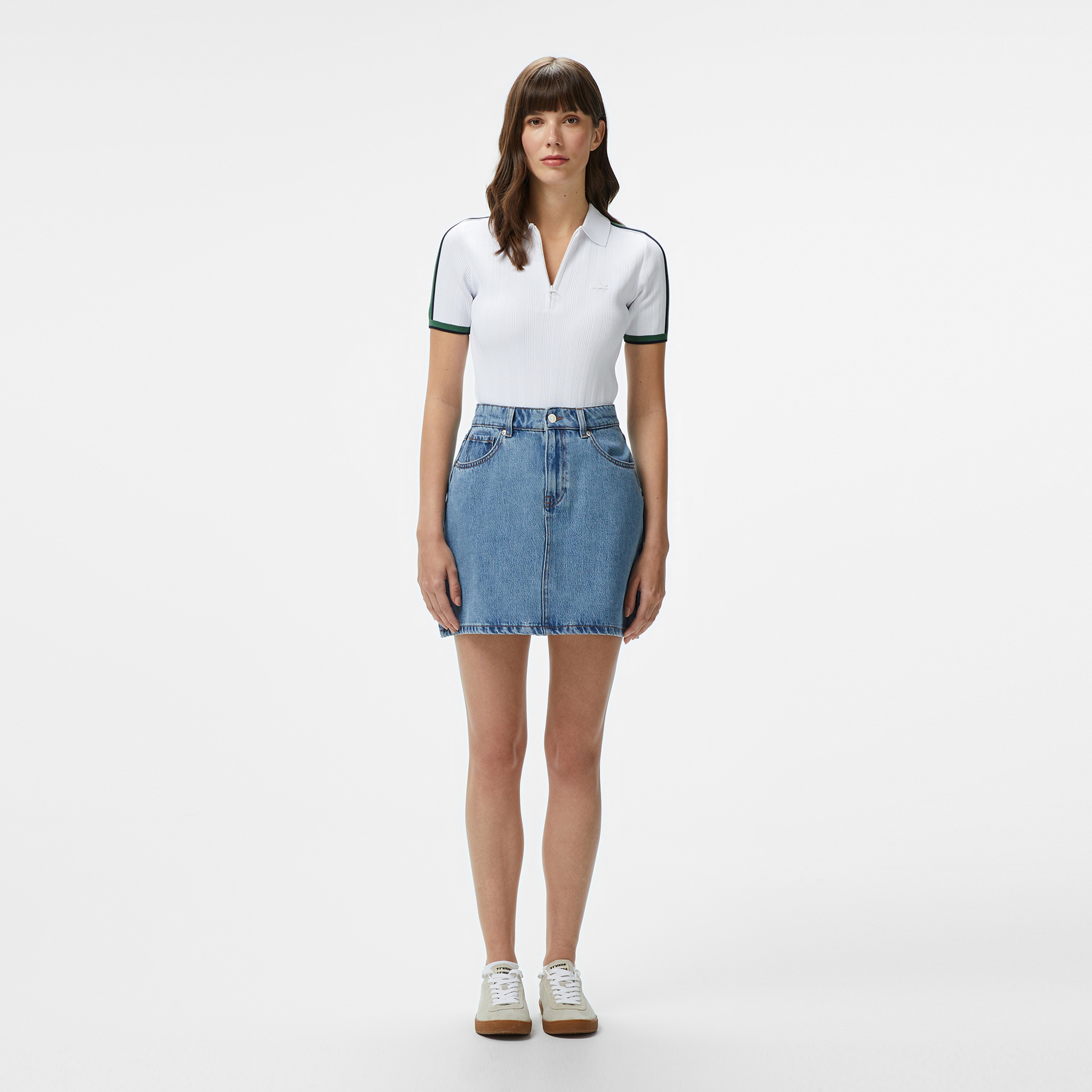 Kadın Slim Fit Kısa Kollu Yarım Fermuarlı Beyaz Triko