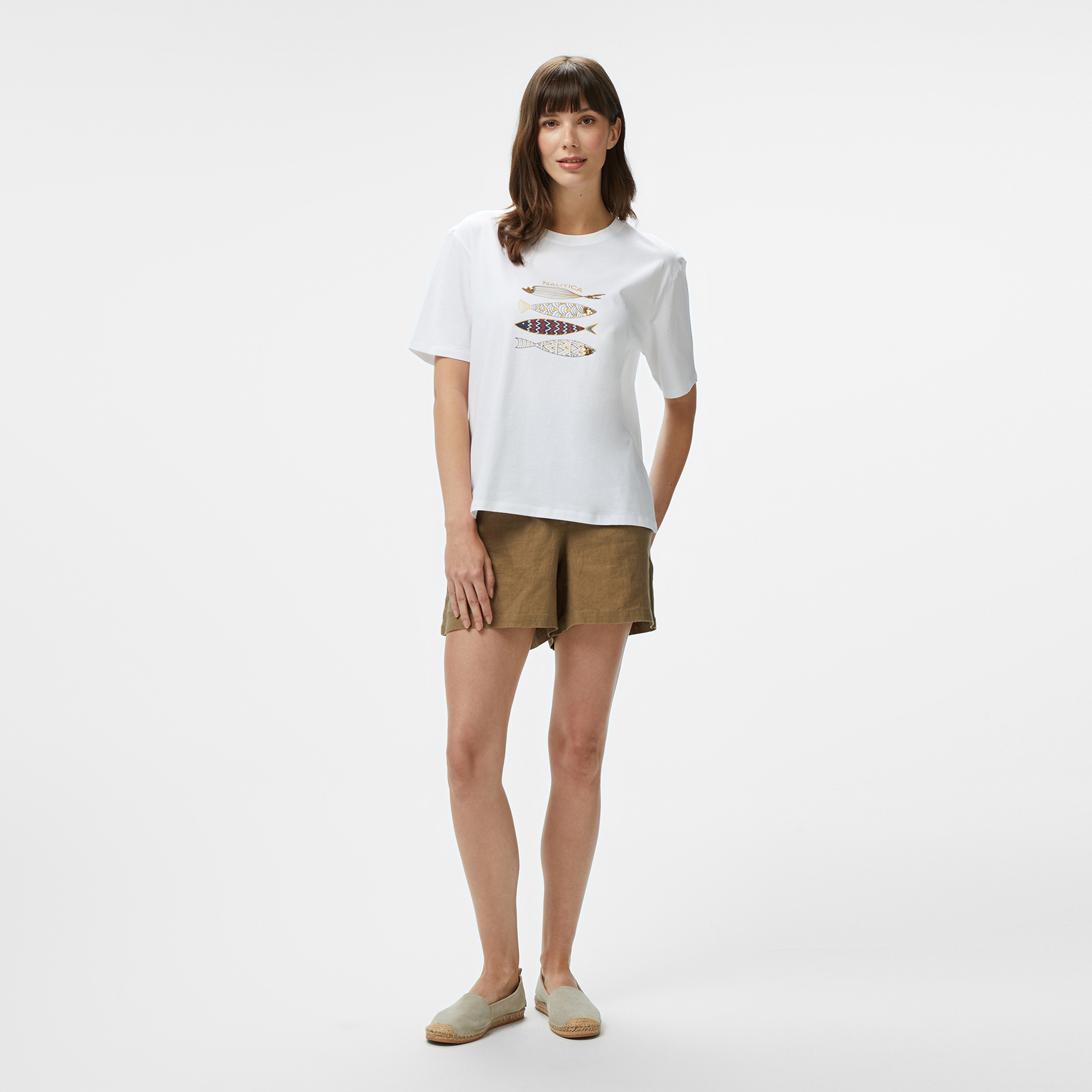 Nautica Kadın Beyaz Regular Fit Nakışlı T-Shirt