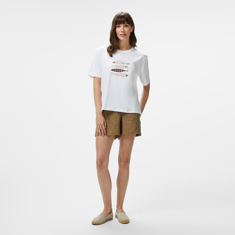 Nautica Kadın Beyaz Regular Fit Nakışlı T-Shirt