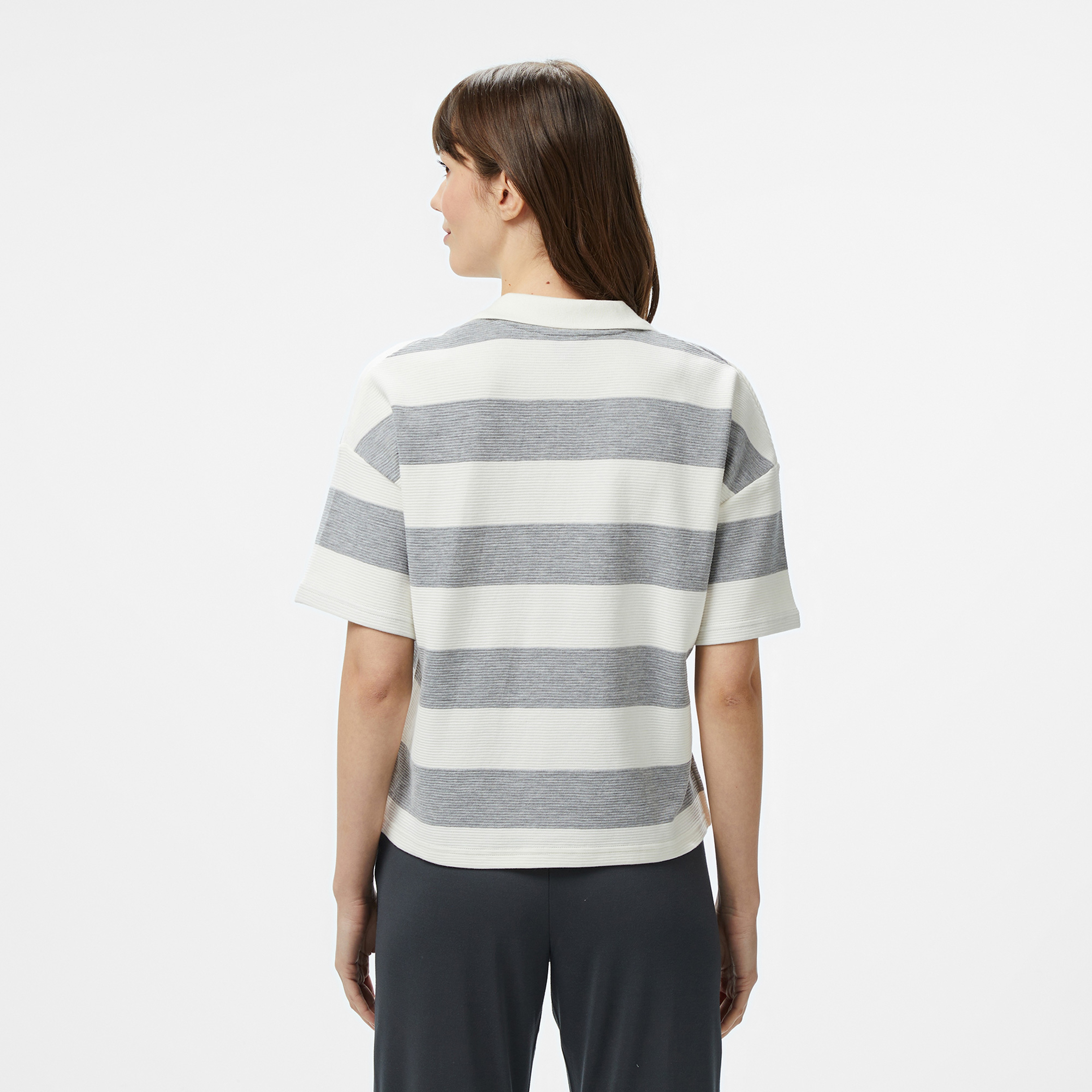 Nautica Kadın Gri Regular Fit Çizgili Polo Yaka T-Shirt