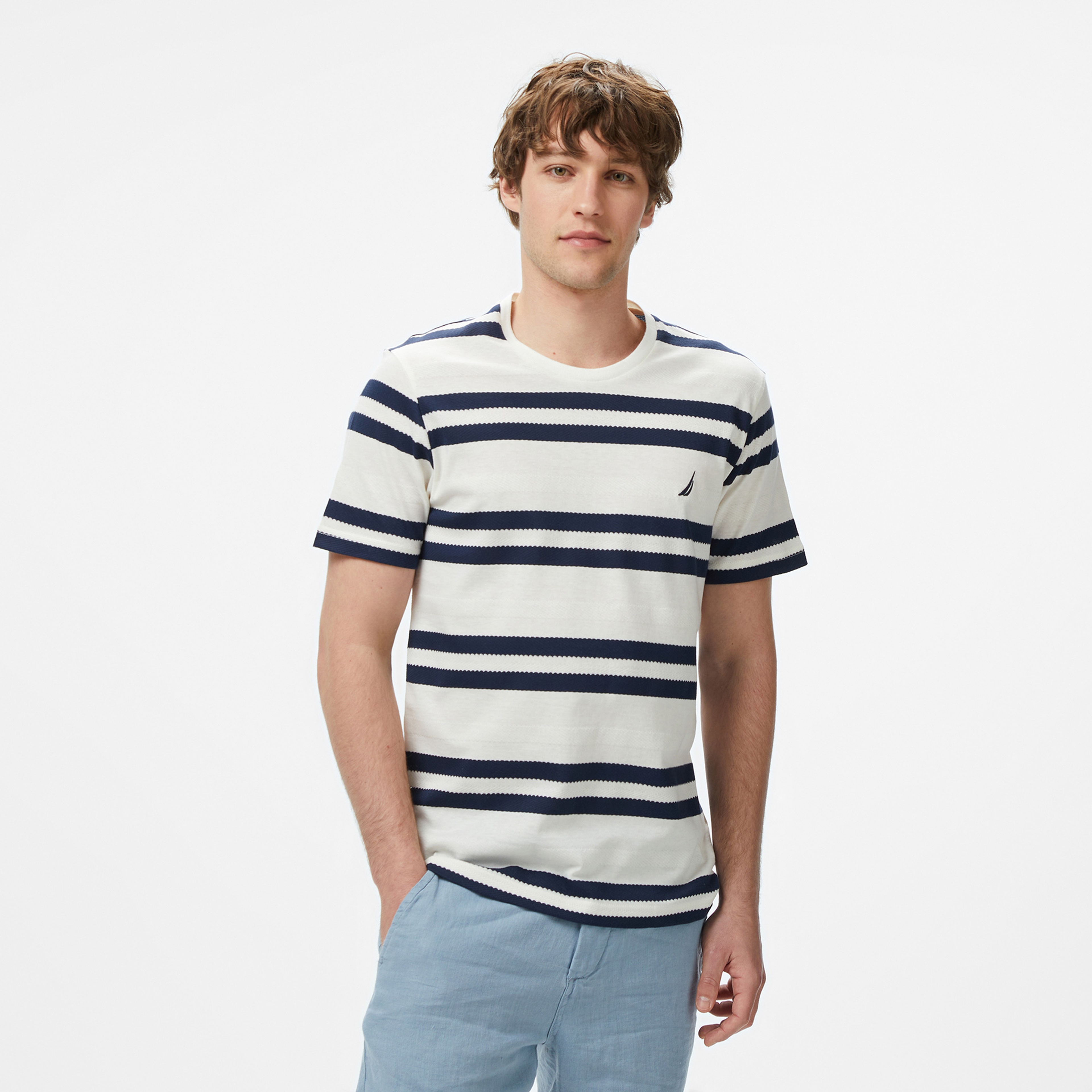 Nautica Erkek Krem Regular Fit Çizgili T-Shirt