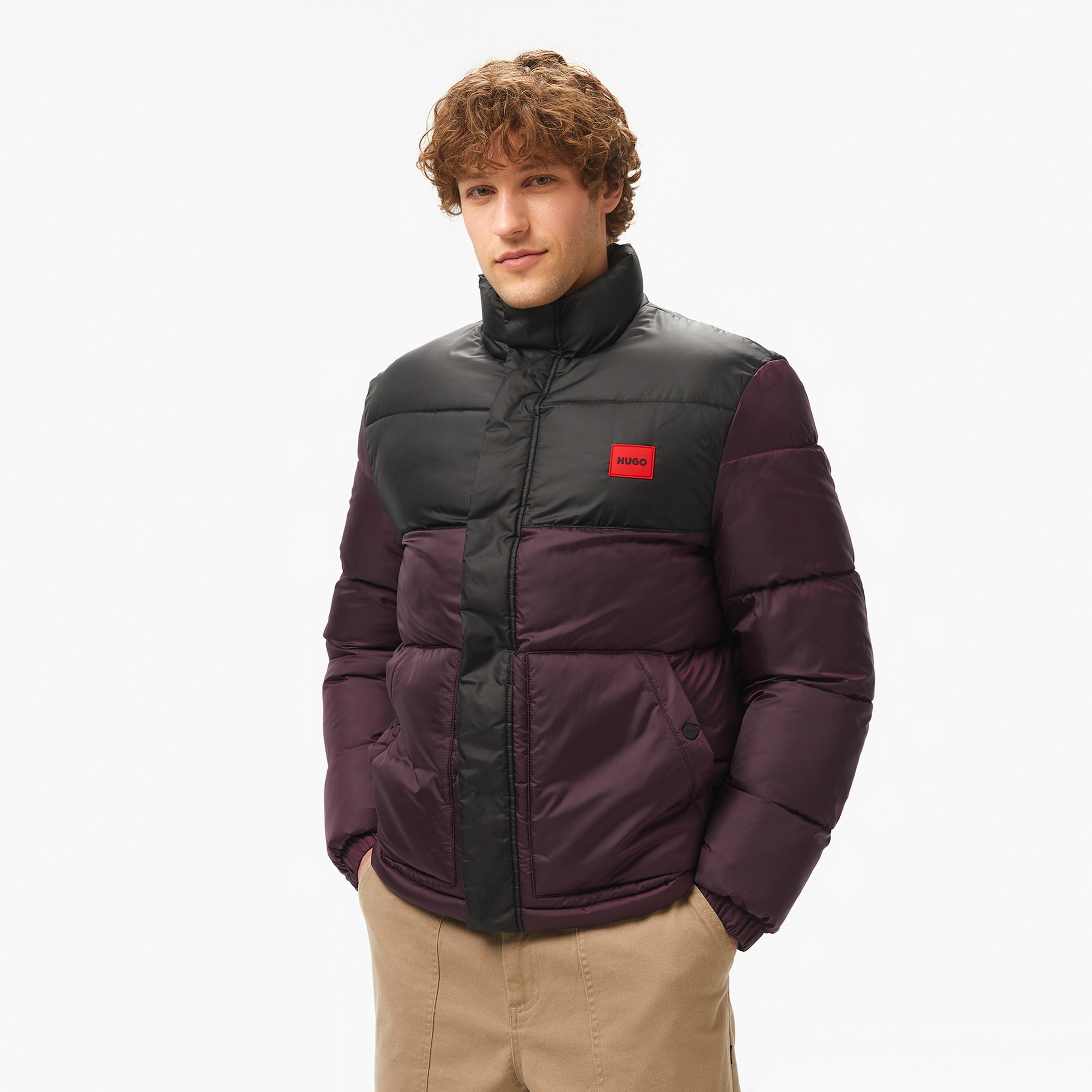 Hugo Water-Repellent Puffer Jacket With Red Logo Label Erkek Mor Mont