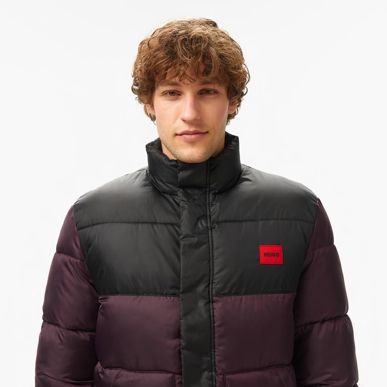 Hugo Water-Repellent Puffer Red Logo Label Erkek Mor Mont