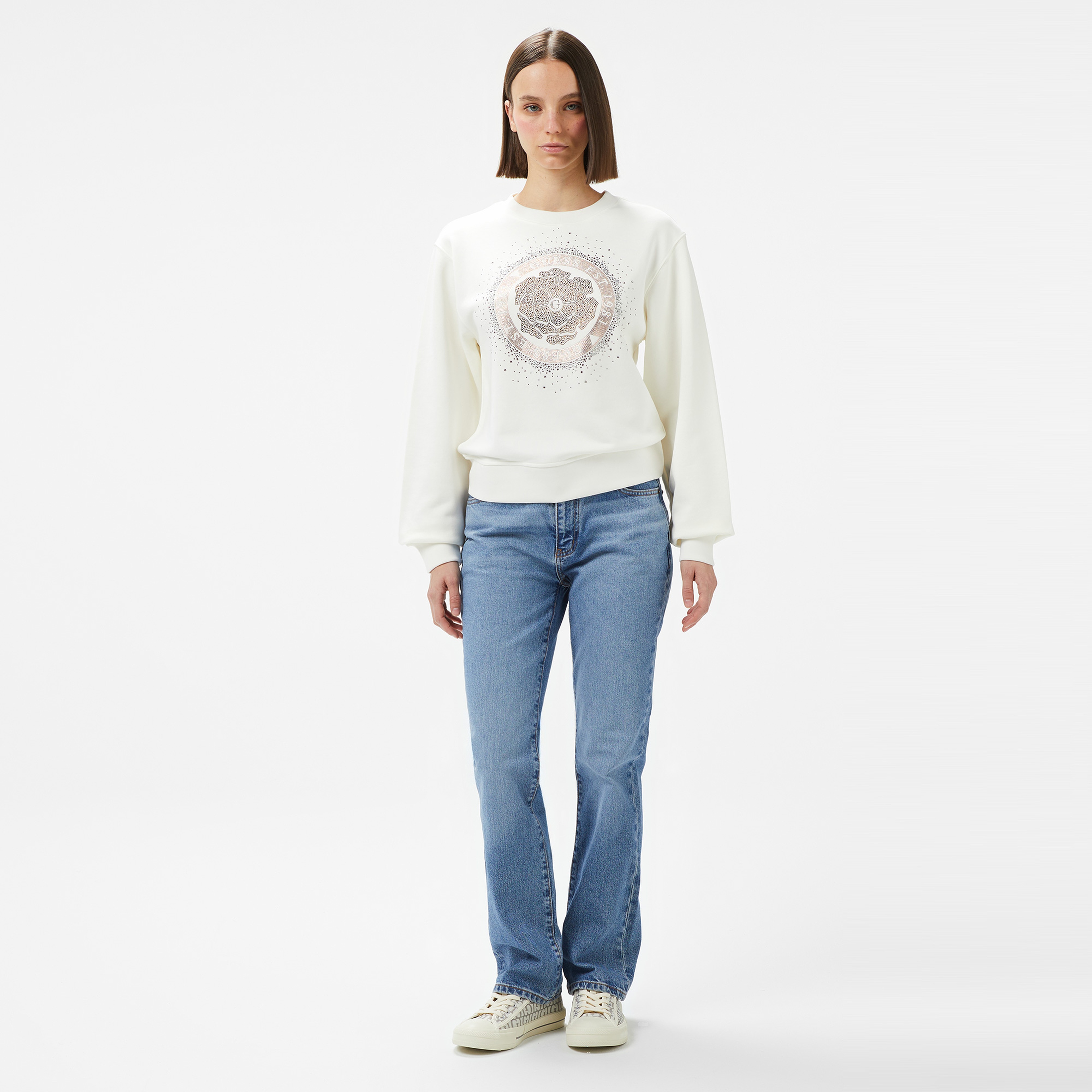 Guess Cn Peony Logo Organic Soft Tech Fleece Kadın Beyaz Sweatshirt