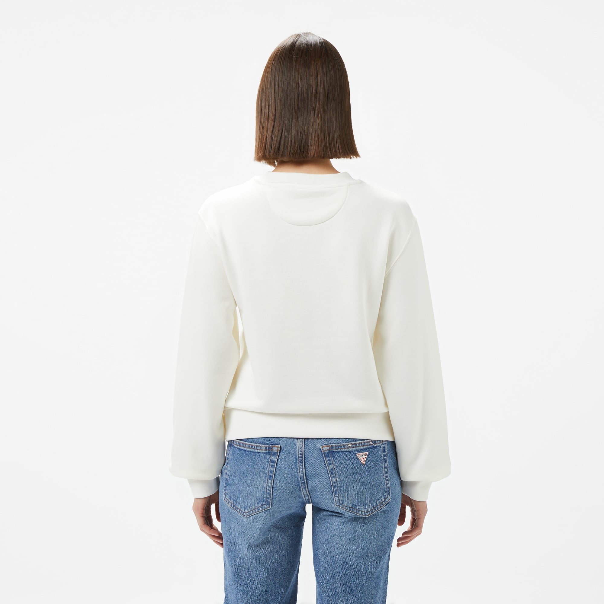 Guess Cn Peony Logo Organic Soft Tech Fleece Kadın Beyaz Sweatshirt