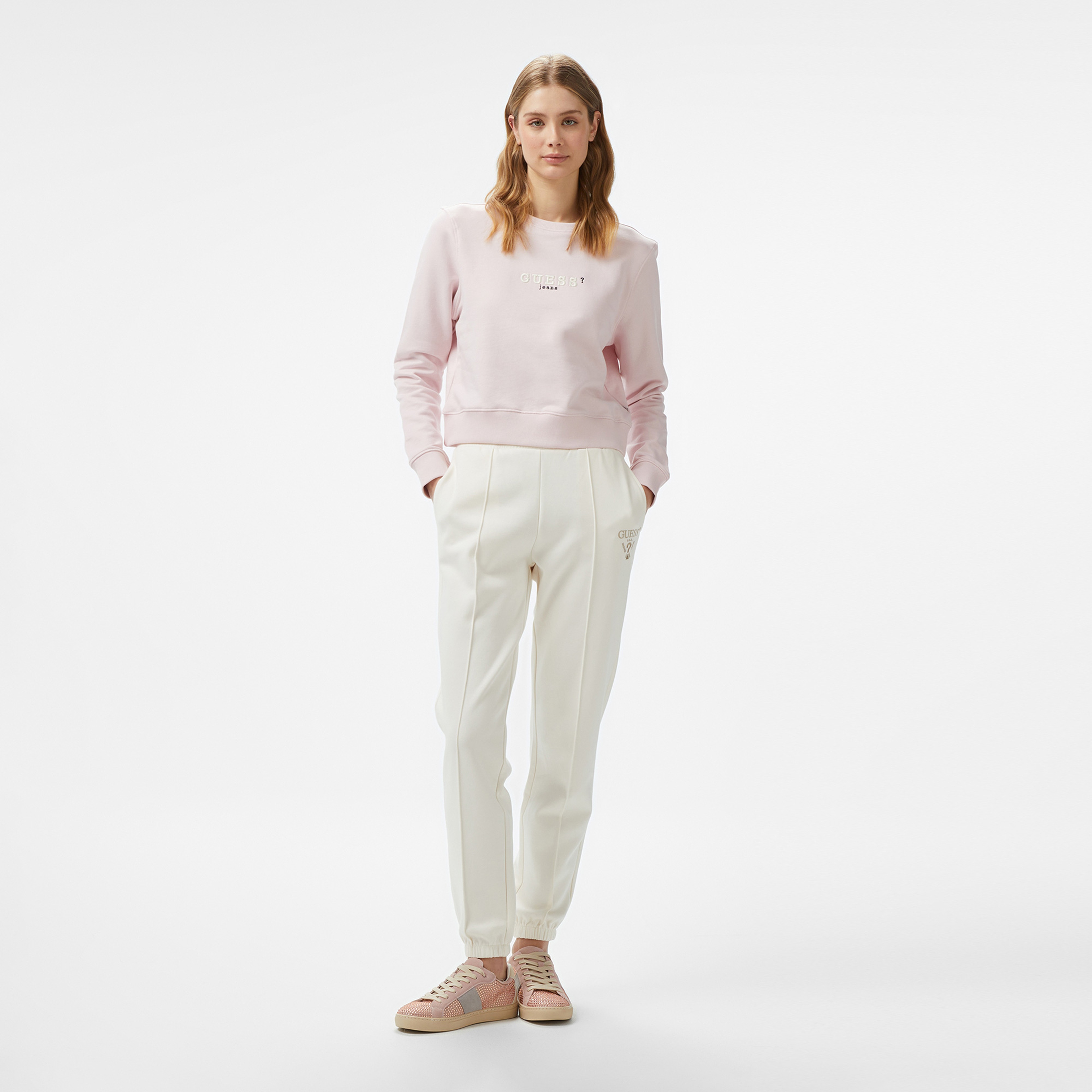 Guess Crop Cn 3D Emb Sw Mid Organic Iconic Fleece Kadın Pembe Sweatshirt