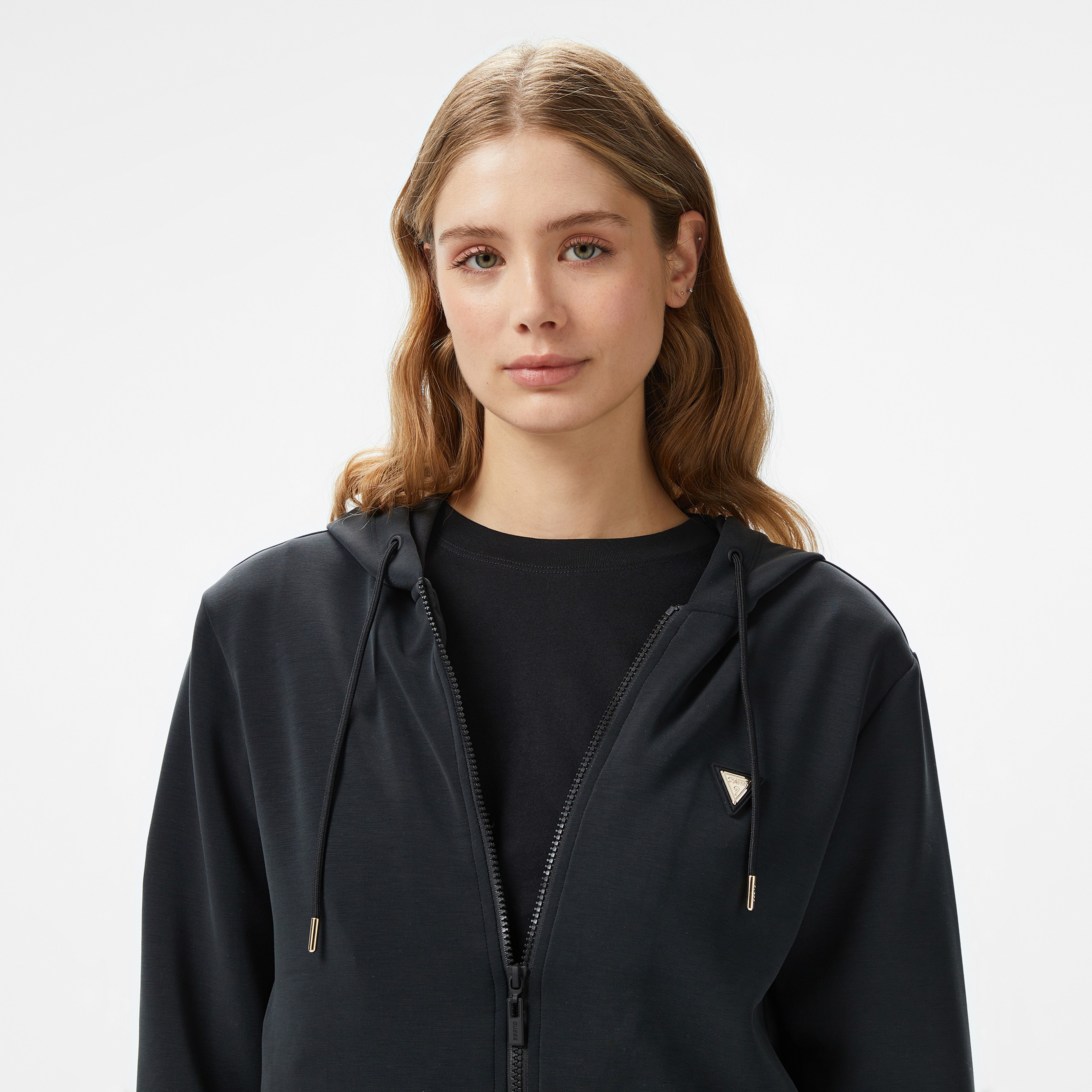 Guess Olympe Full Zip Hood Eco Modal Midweight Scuba Kadın Siyah Sweatshirt