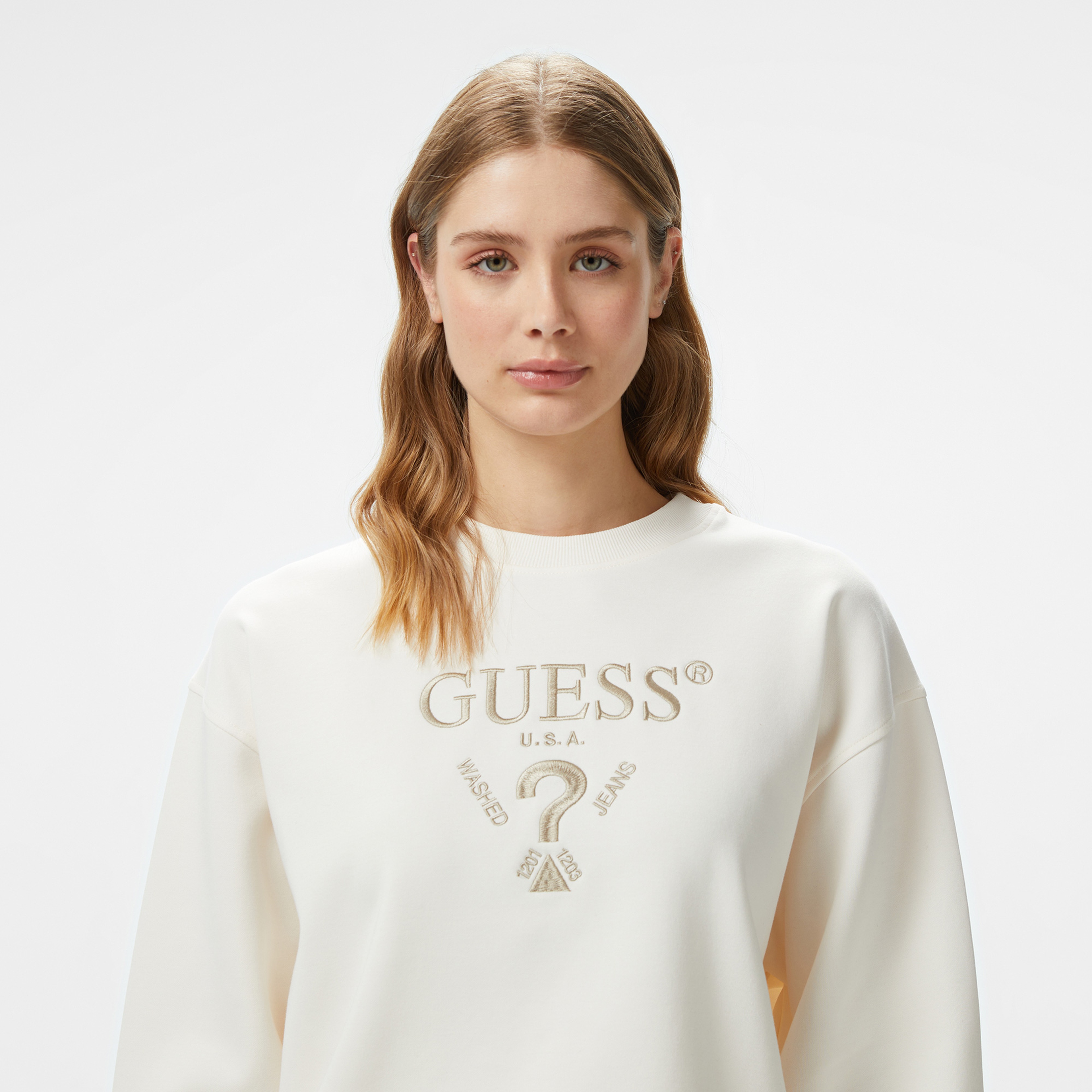 Guess Roberta Recy Poly Cotton Fleece Kadın Krem Sweatshirt