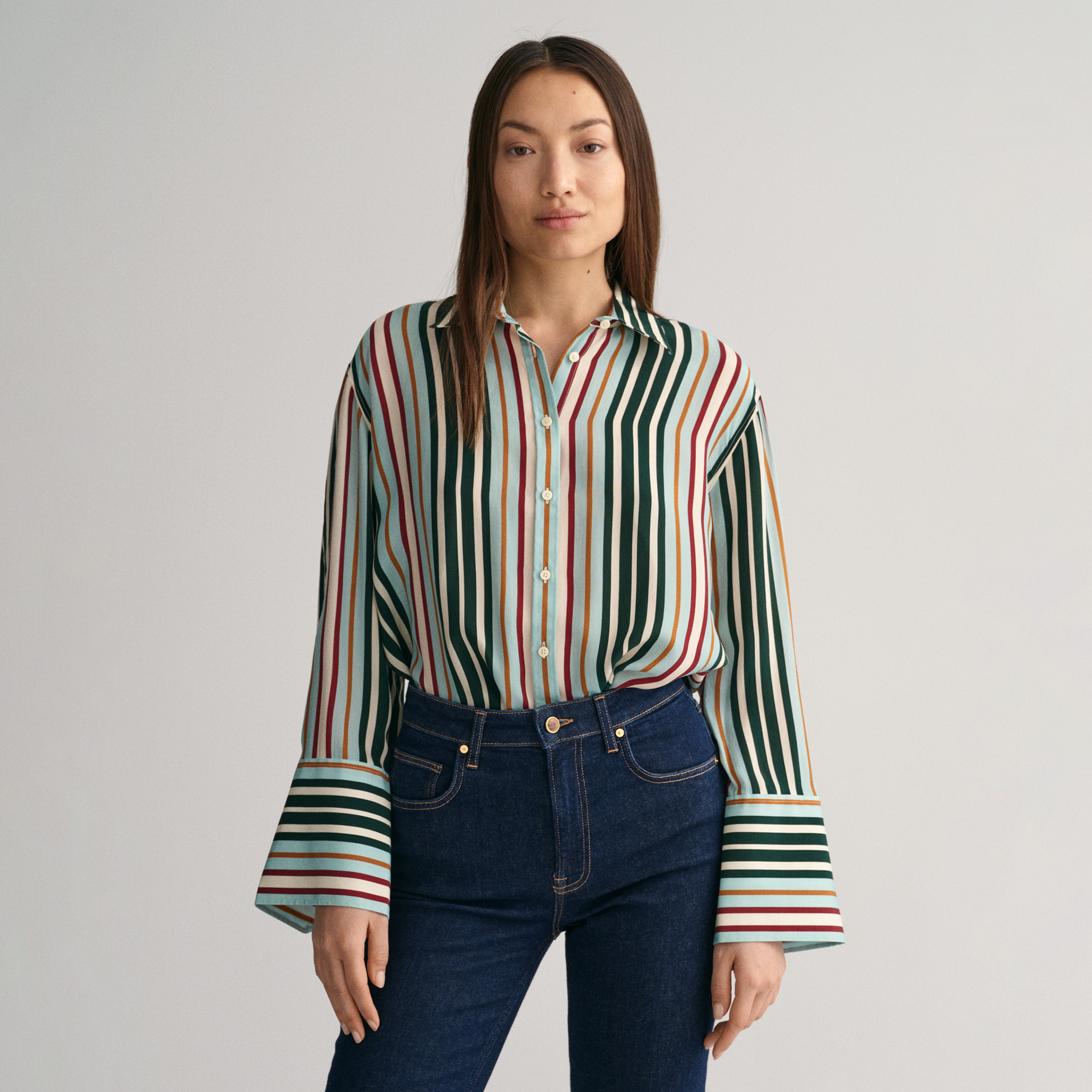 GANT Kadın Yeşil Relaxed Fit Klasik Yaka Çizgili Gömlek