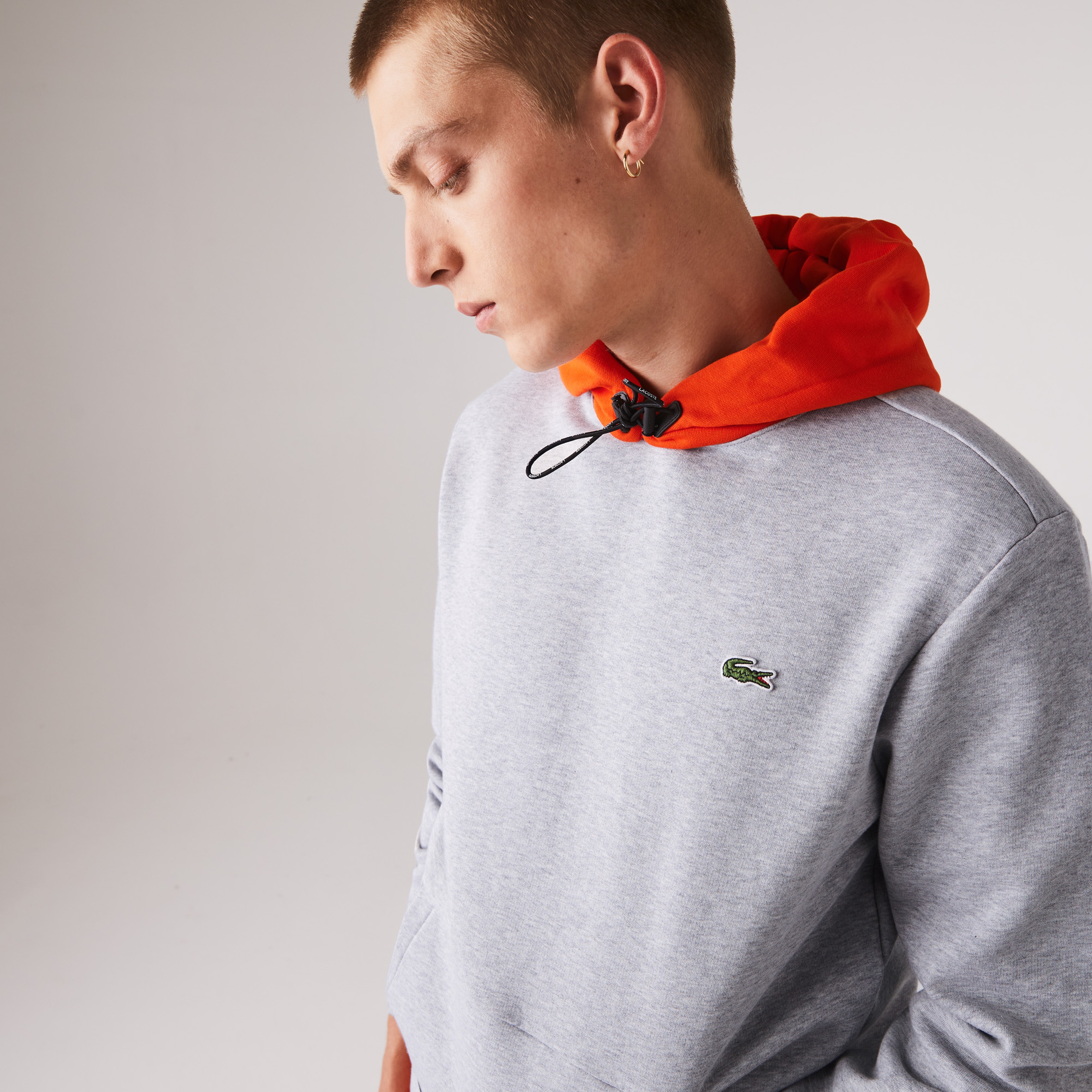 Lacoste Sport Erkek Blok Desenli Kapüşonlu Gri Sweatshirt