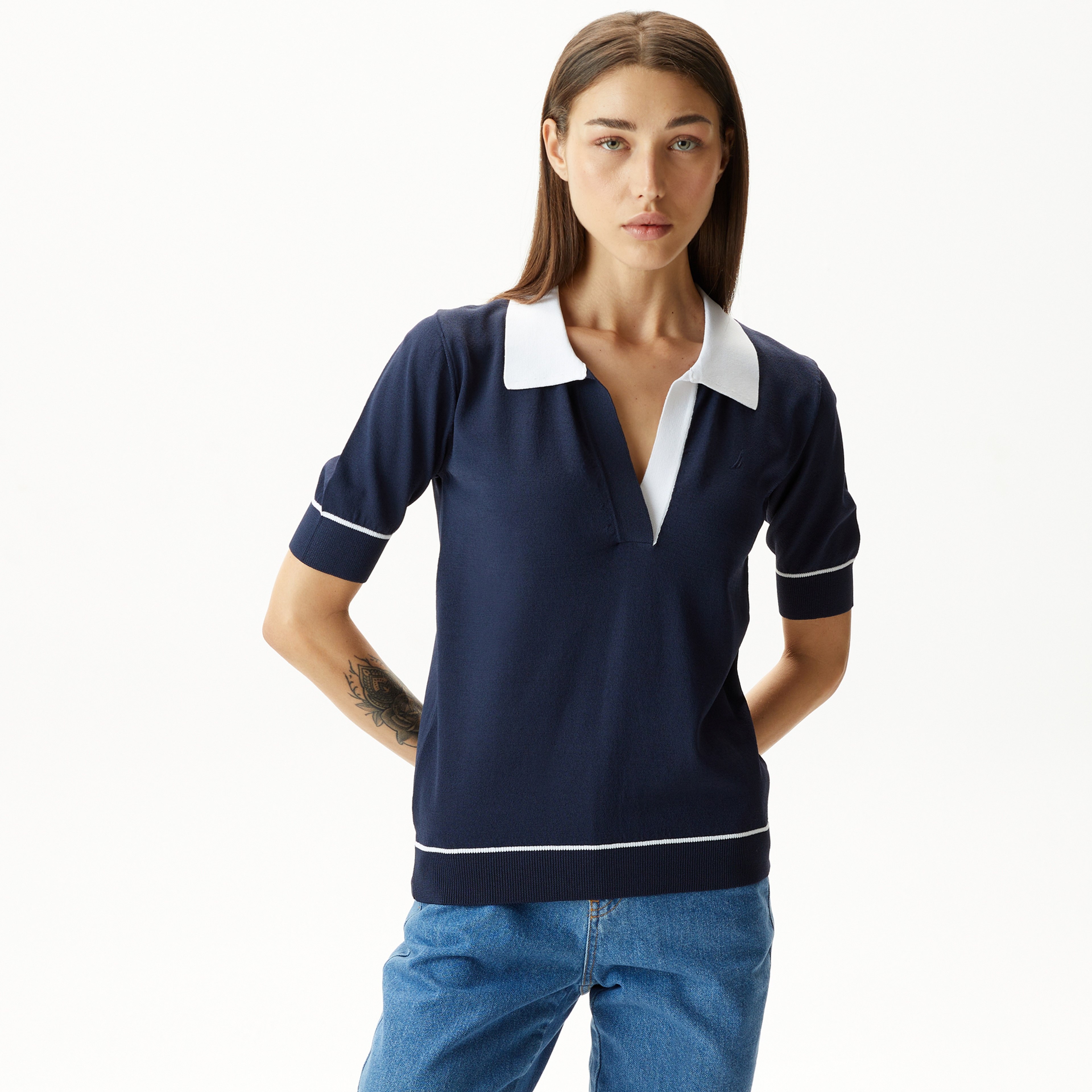 Nautica Kadın Lacivert Relaxed Fit Kısa Kollu Triko