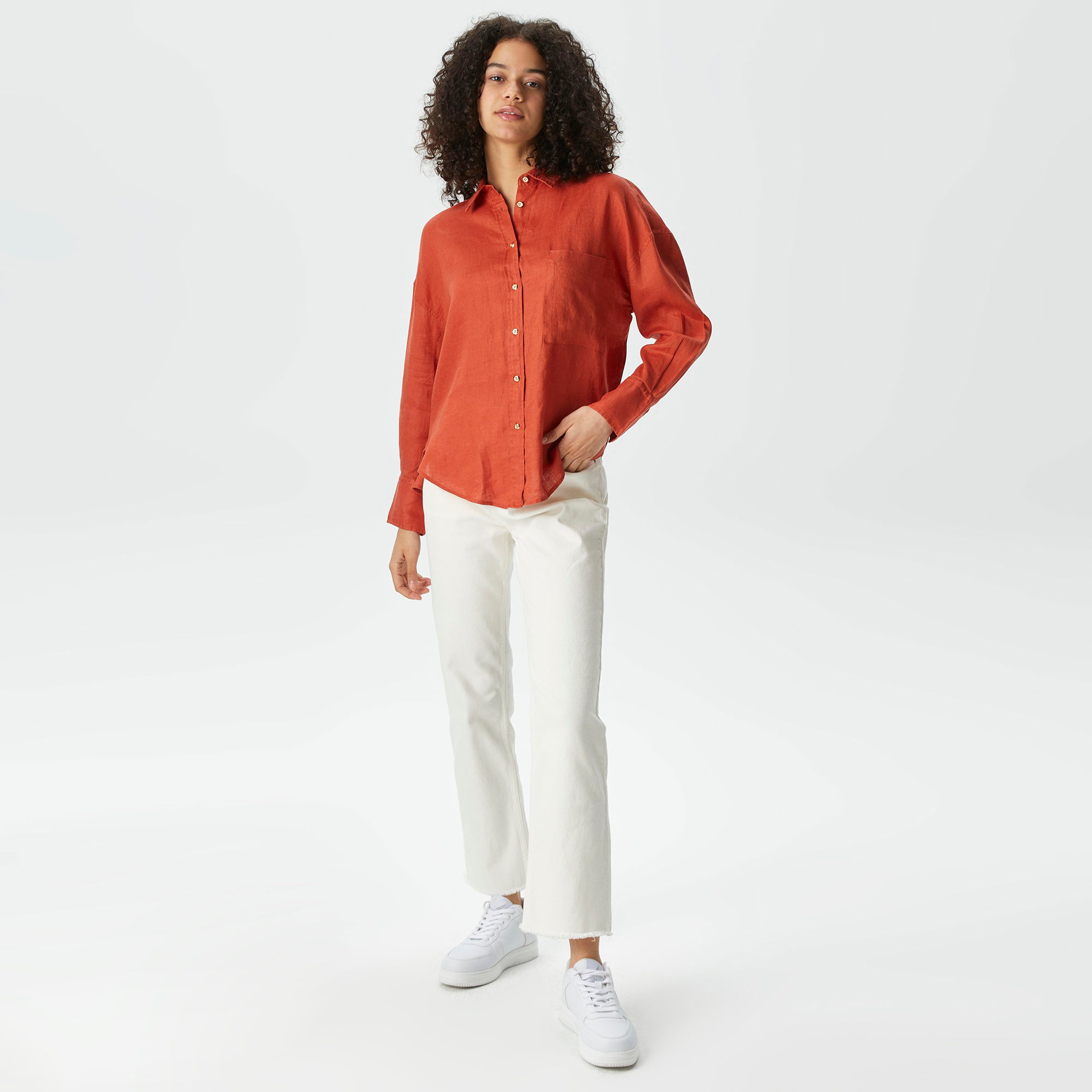 Nautica Kadın Kiremit Oversize Keten Gömlek
