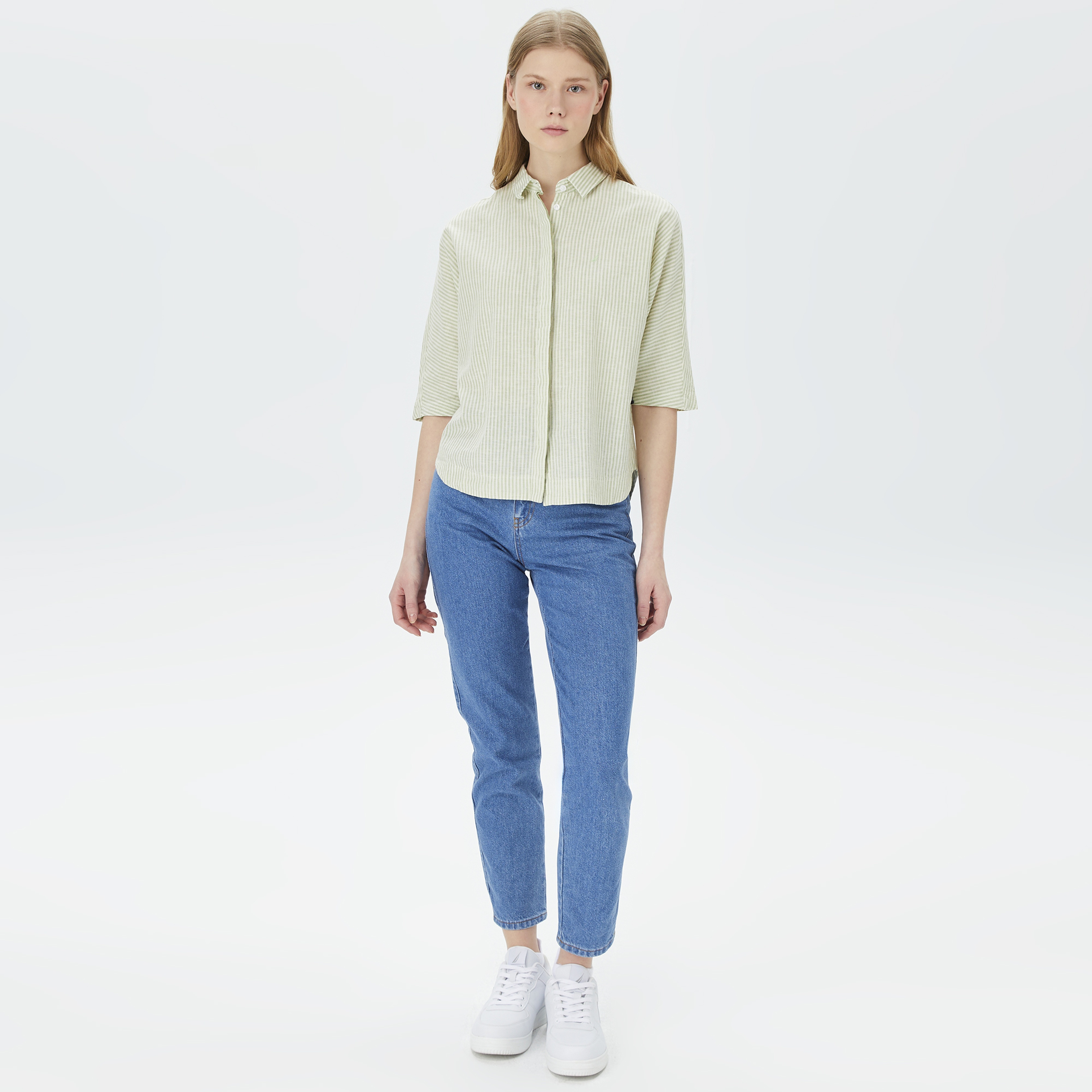 Nautica Kadın Yeşil Oversize Çizgili Gömlek