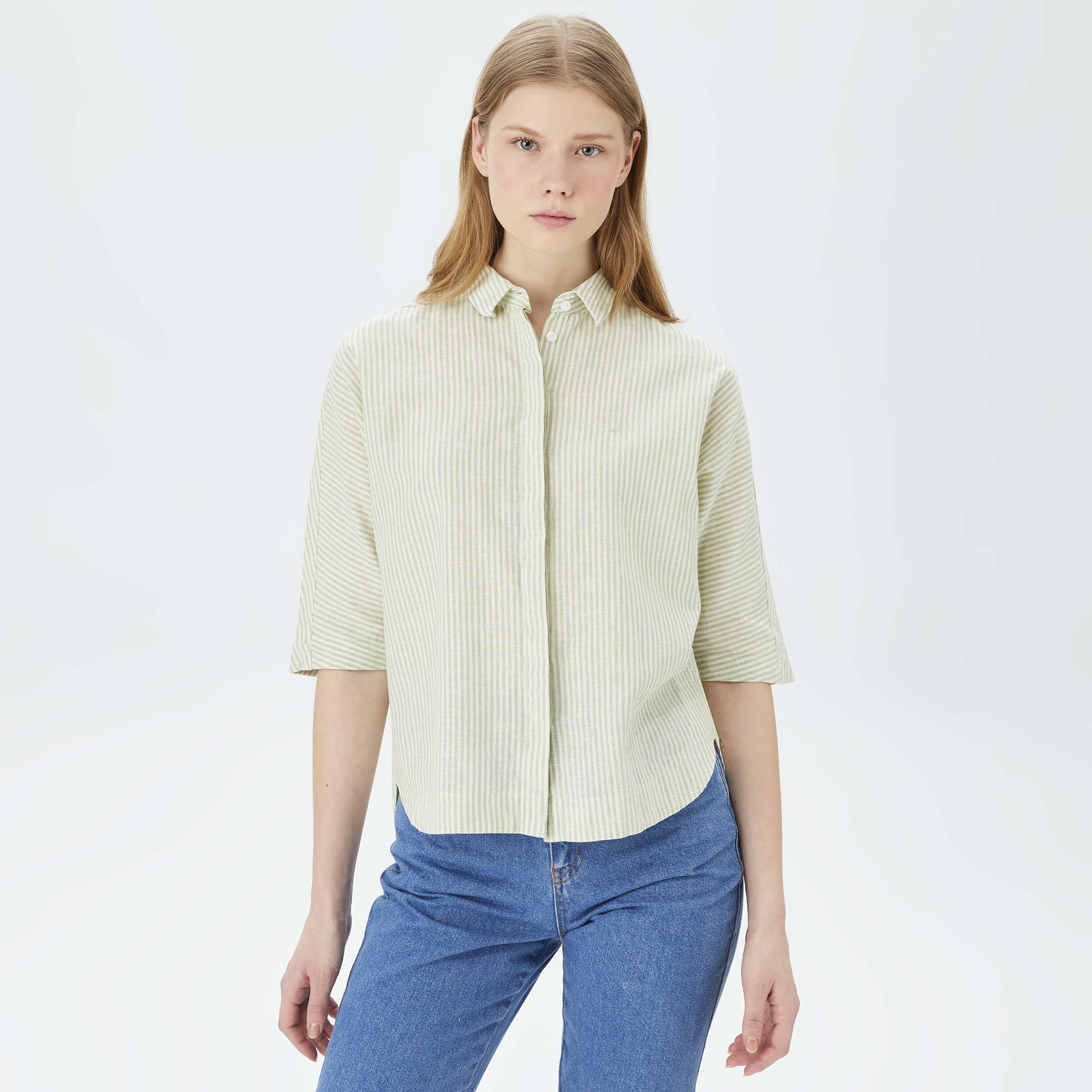 Nautica Kadın Yeşil Oversize Çizgili Gömlek