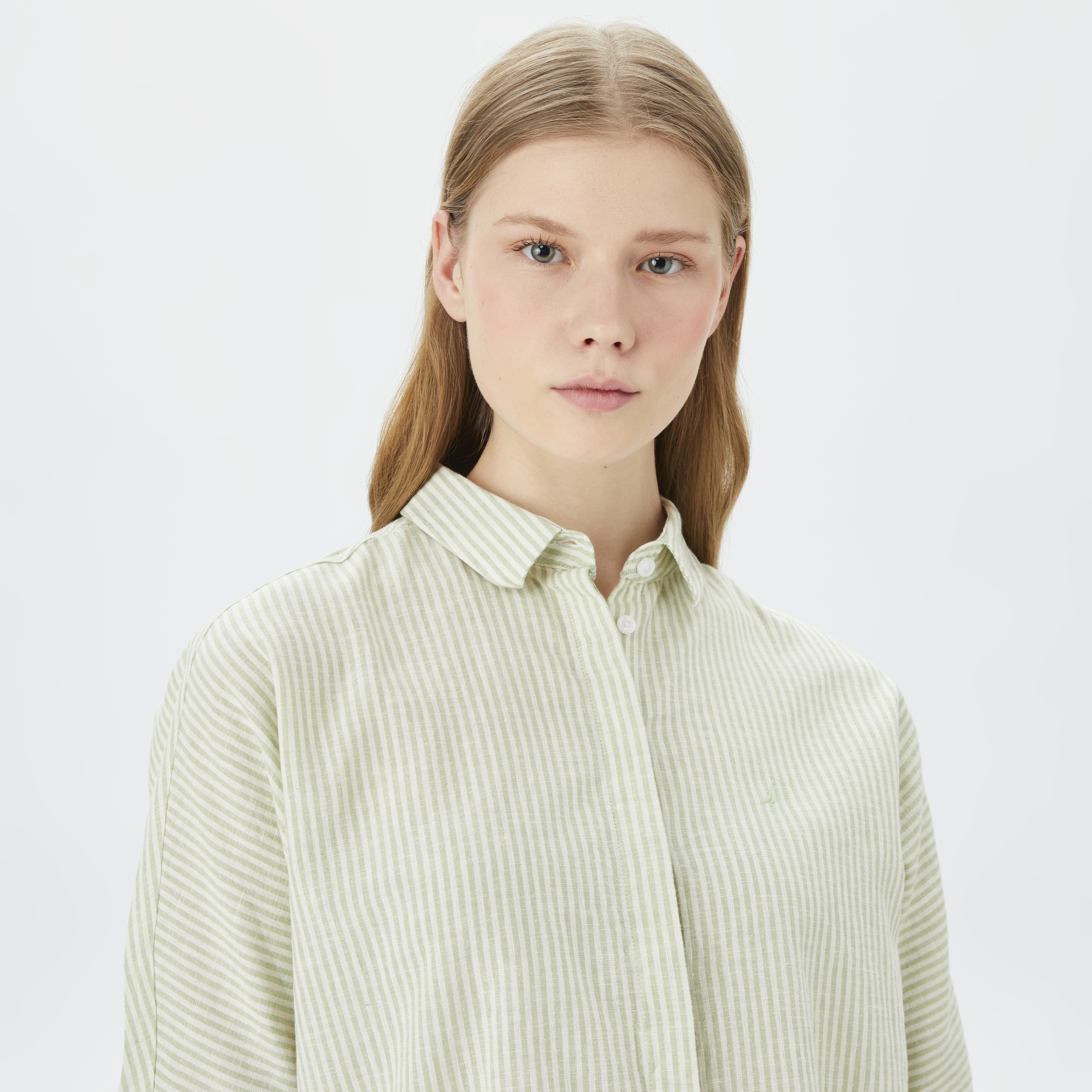Nautica Kadın Yeşil Oversize Çizgili Gömlek