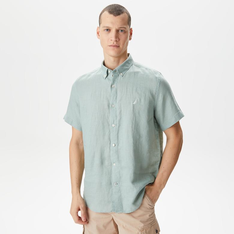 Nautica Erkek Yeşil Classic Fit Kısa Kollu Keten Gömlek