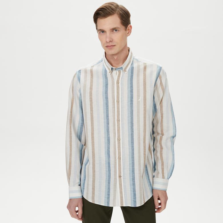 Nautica Erkek Mavi Classic Fit Uzun Kollu Çizgili Gömlek