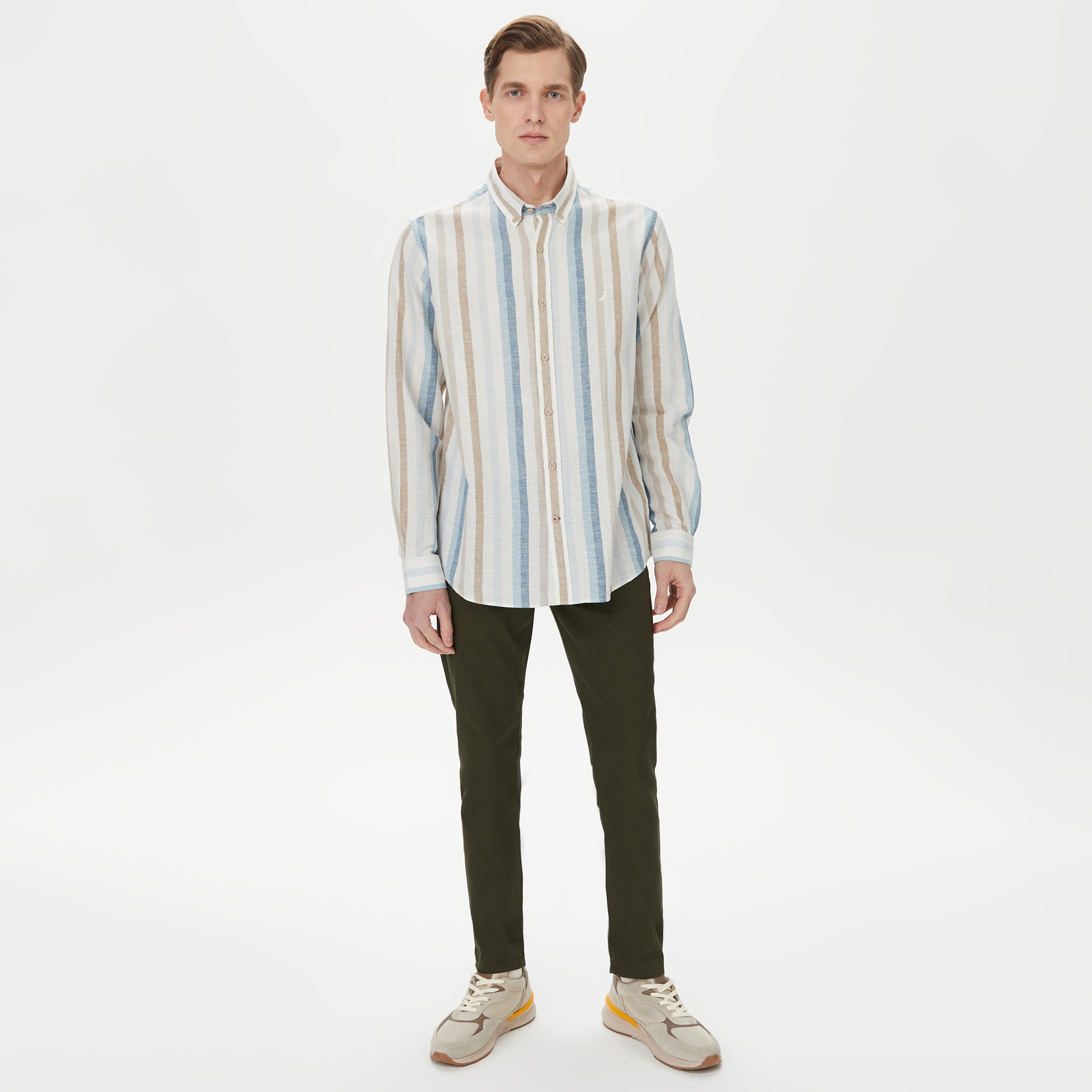 Nautica Erkek Mavi Classic Fit Uzun Kollu Çizgili Gömlek