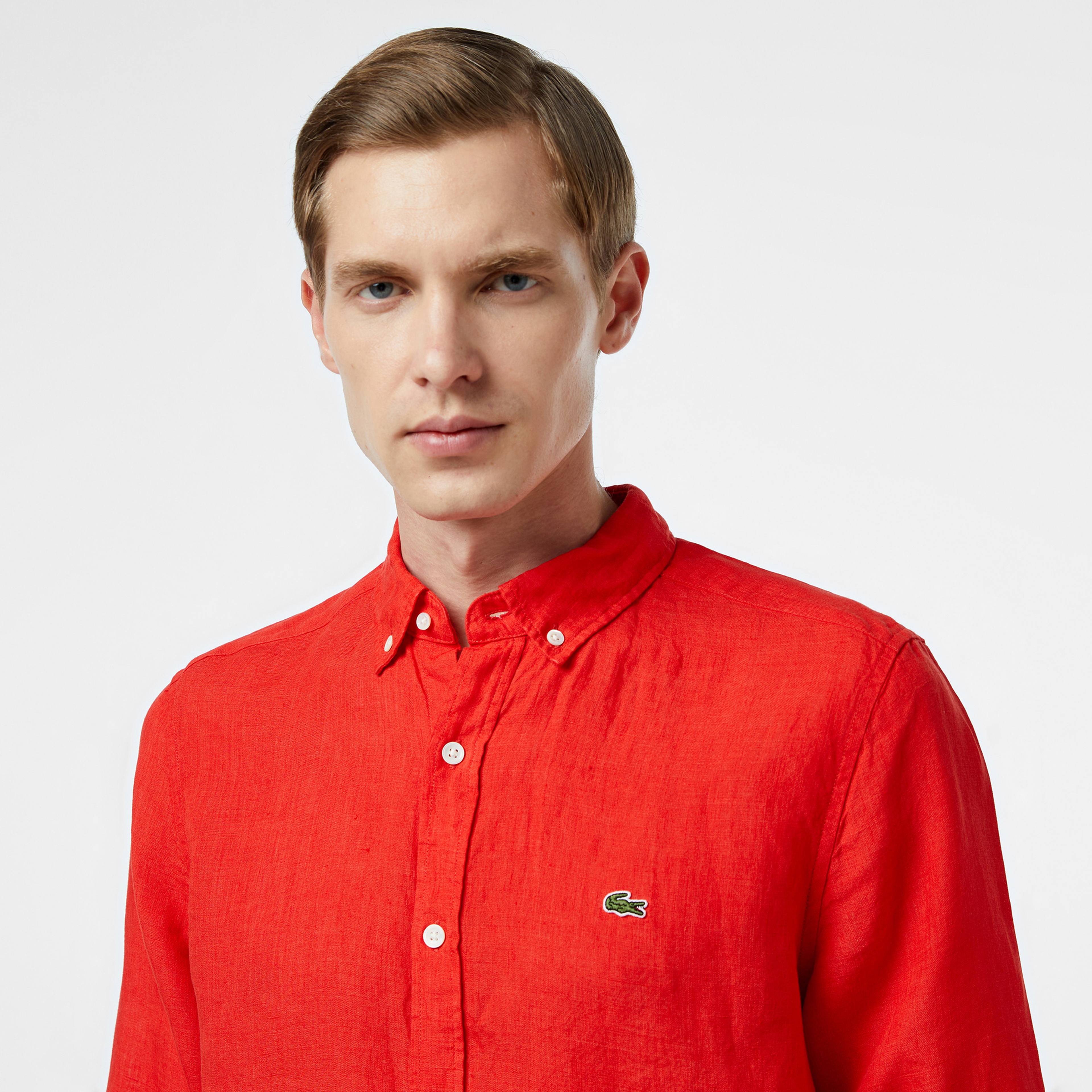 Lacoste Erkek Regular Fit Düğmeli Yaka Keten Kırmızı Gömlek