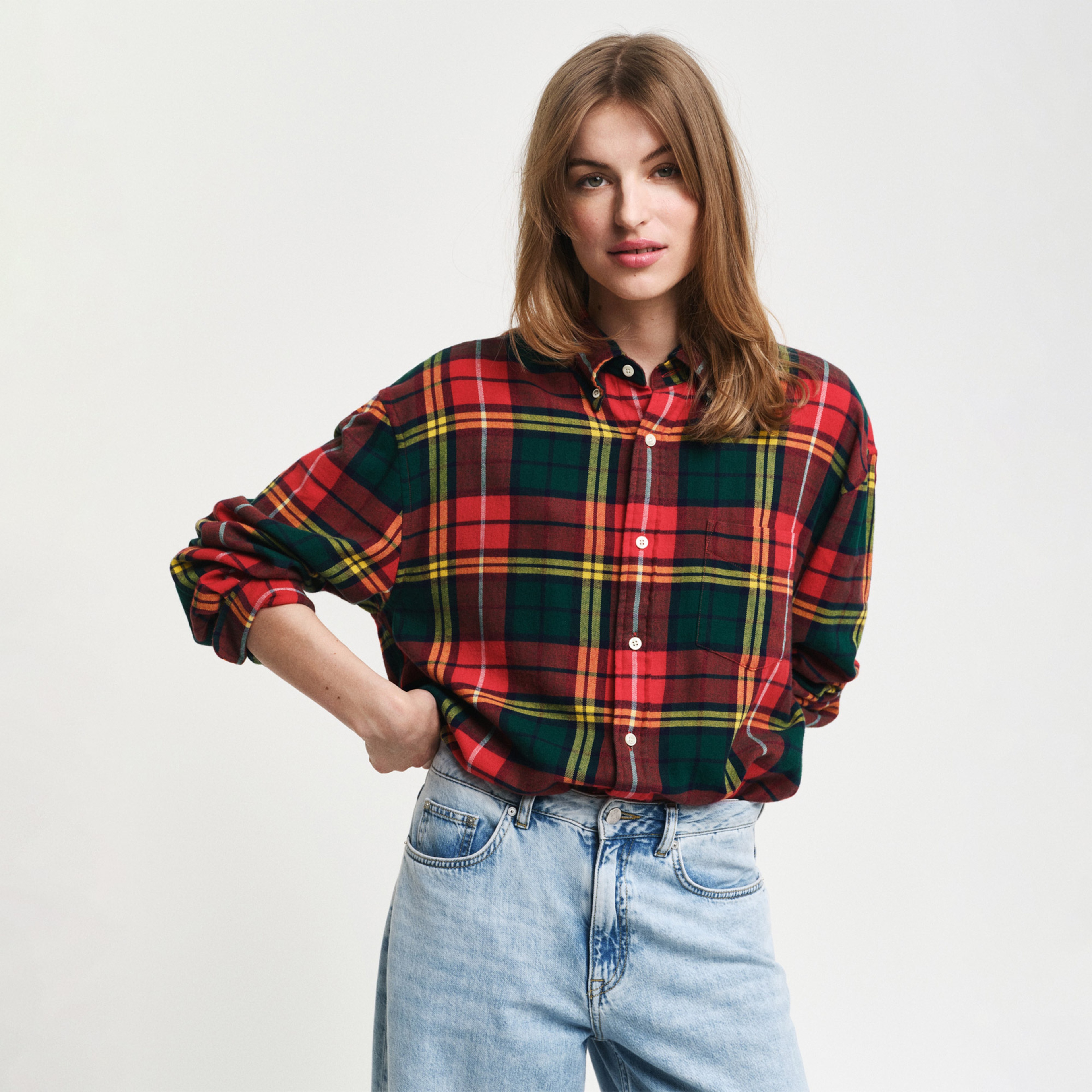 GANT Erkek Kırmızı Regular Fit Düğmeli Yaka Kareli Gömlek