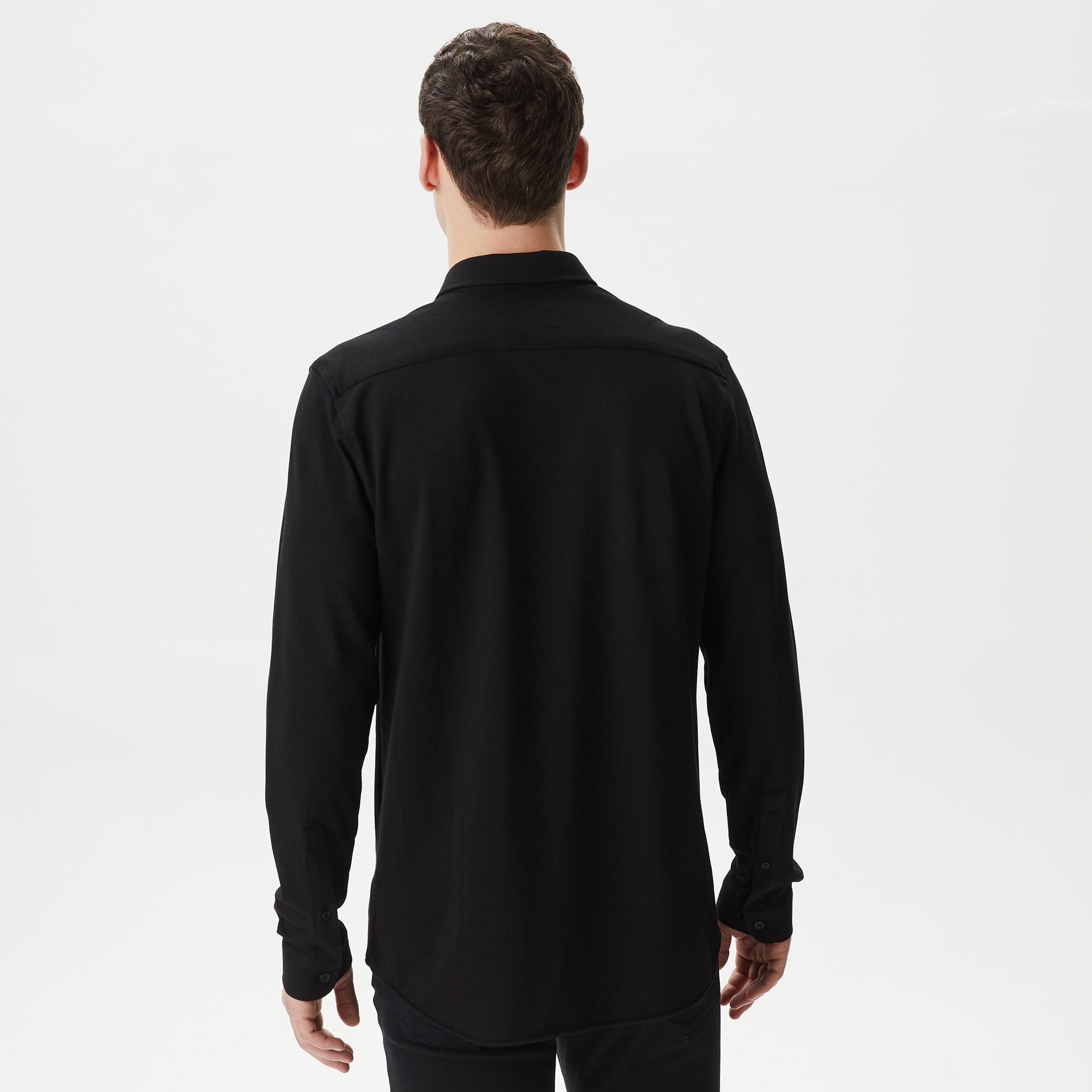 Erkek Slim Fit Düğmeli Yaka Siyah Gömlek