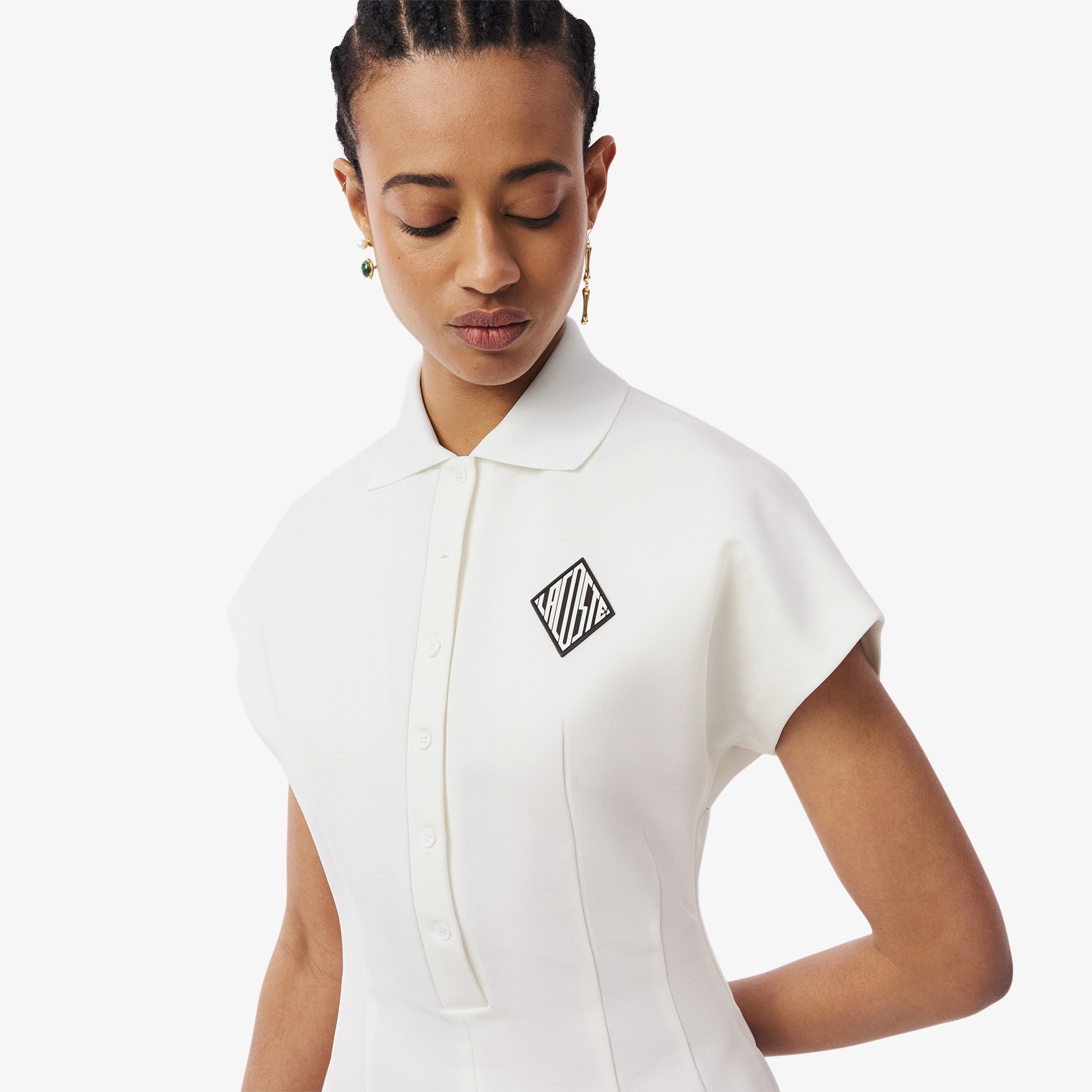 SS25 RUNWAY Kadın Slim Fit Kısa Kollu Polo Yaka Beyaz Elbise