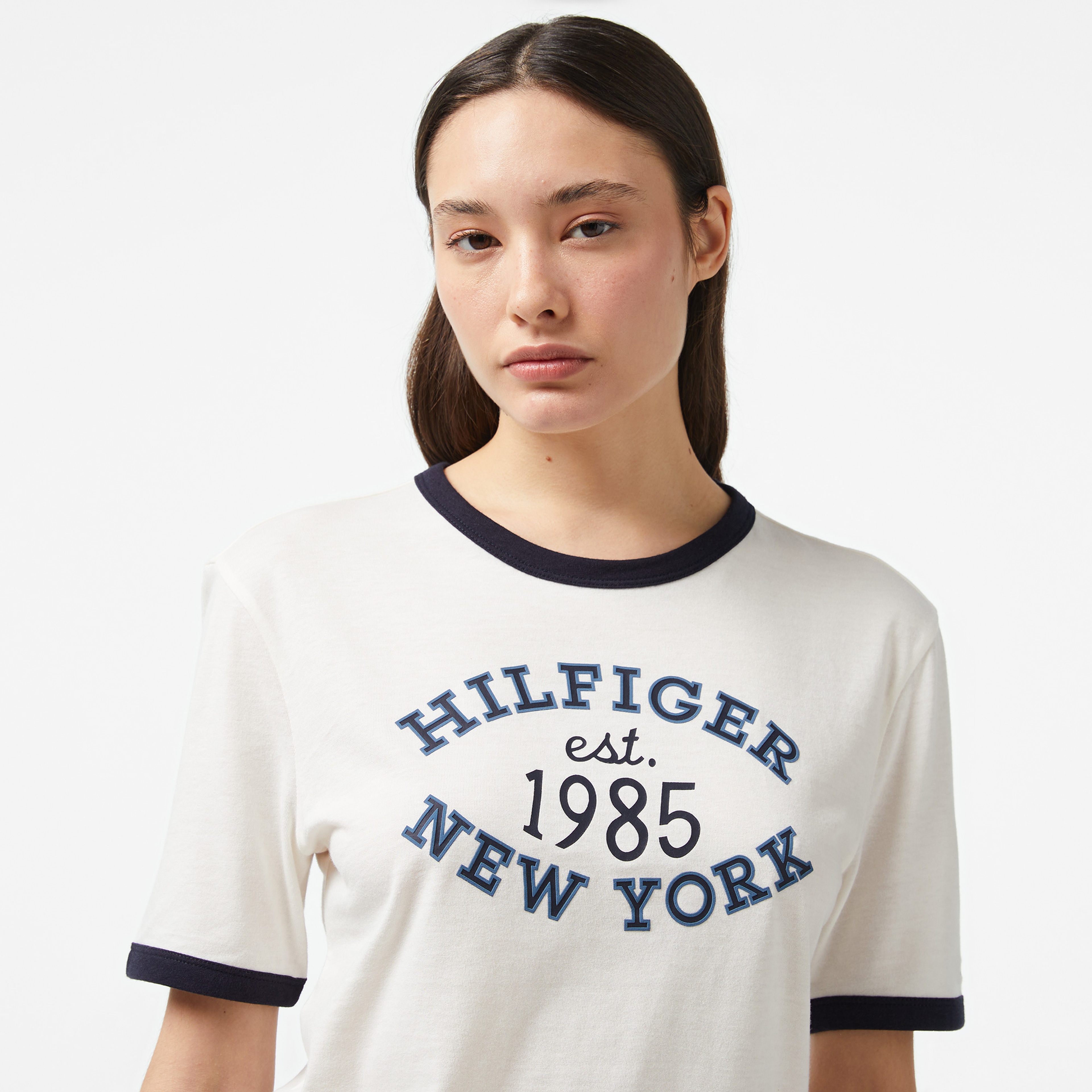 Tommy Hilfiger Varsity Ringer Kadın Beyaz T-Shirt
