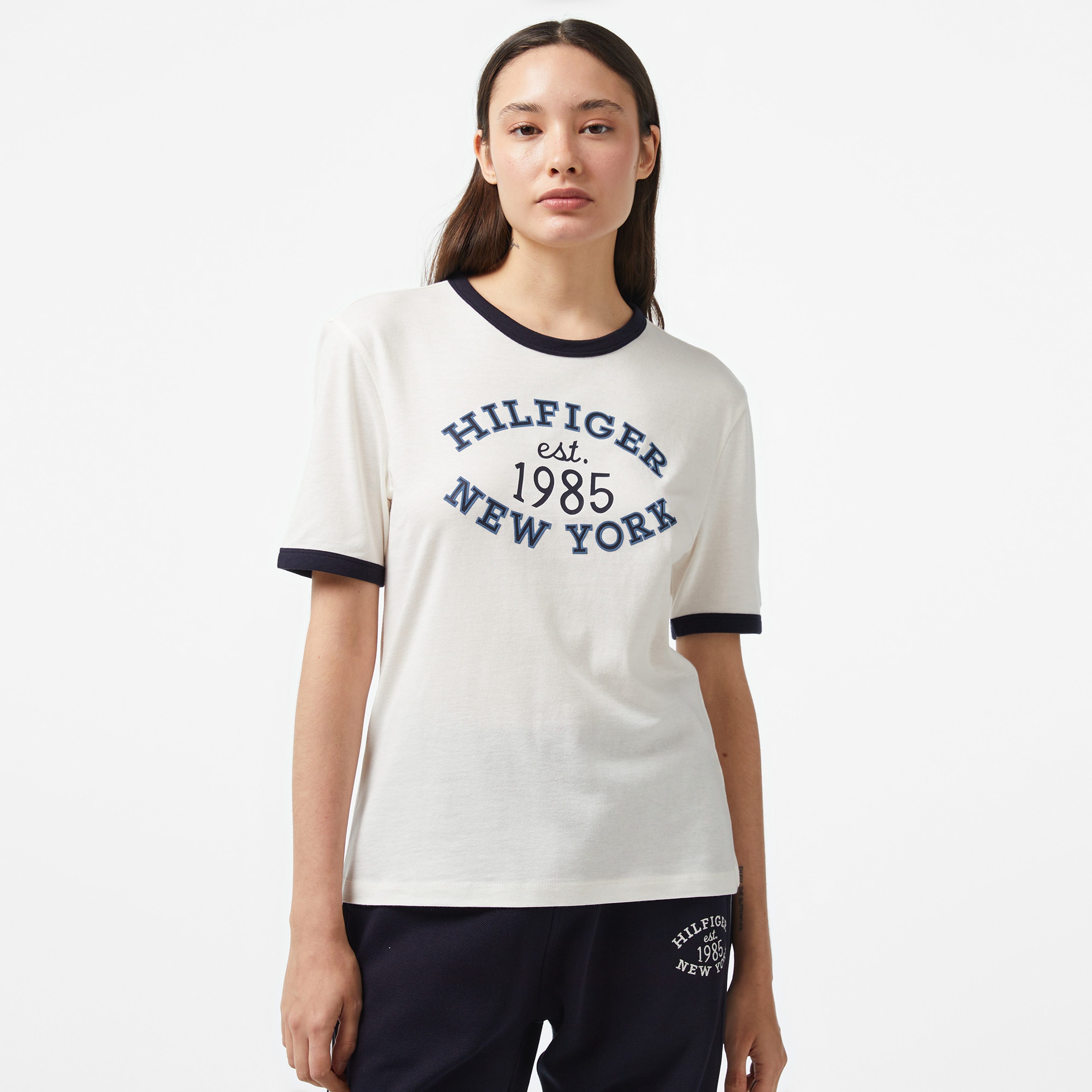 Tommy Hilfiger Varsity Ringer Kadın Beyaz T-Shirt
