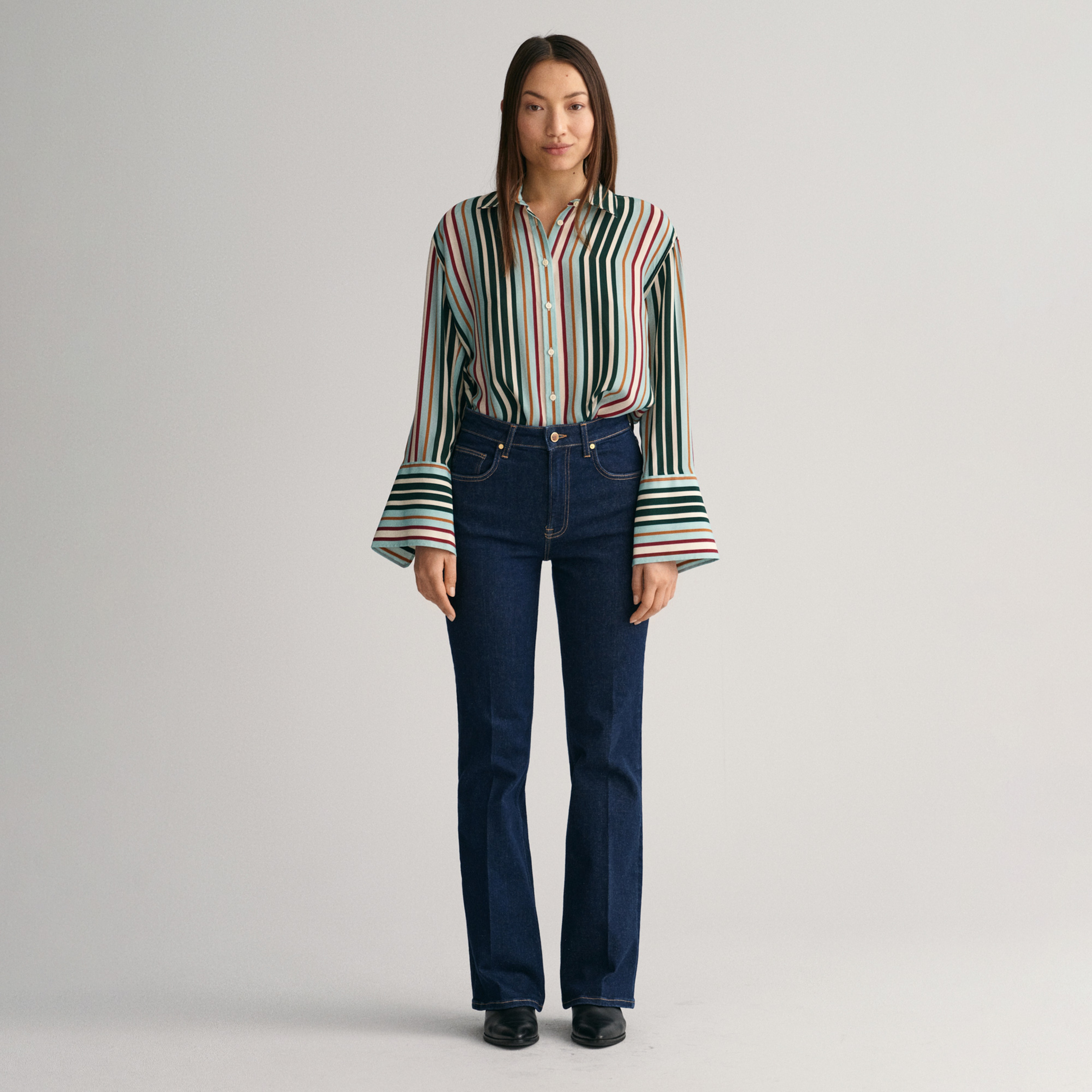 GANT Kadın Yeşil Relaxed Fit Klasik Yaka Çizgili Gömlek