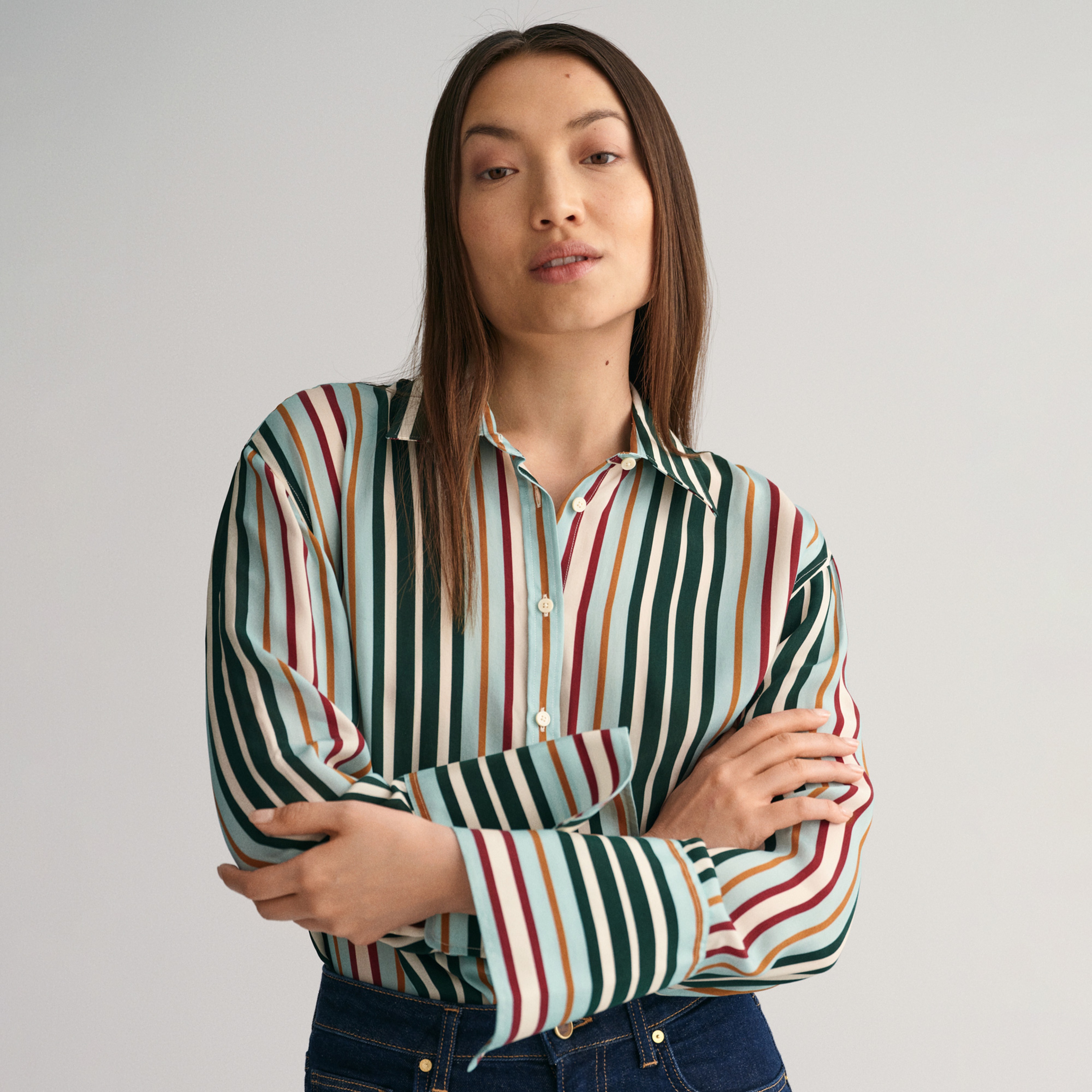 GANT Kadın Yeşil Relaxed Fit Klasik Yaka Çizgili Gömlek