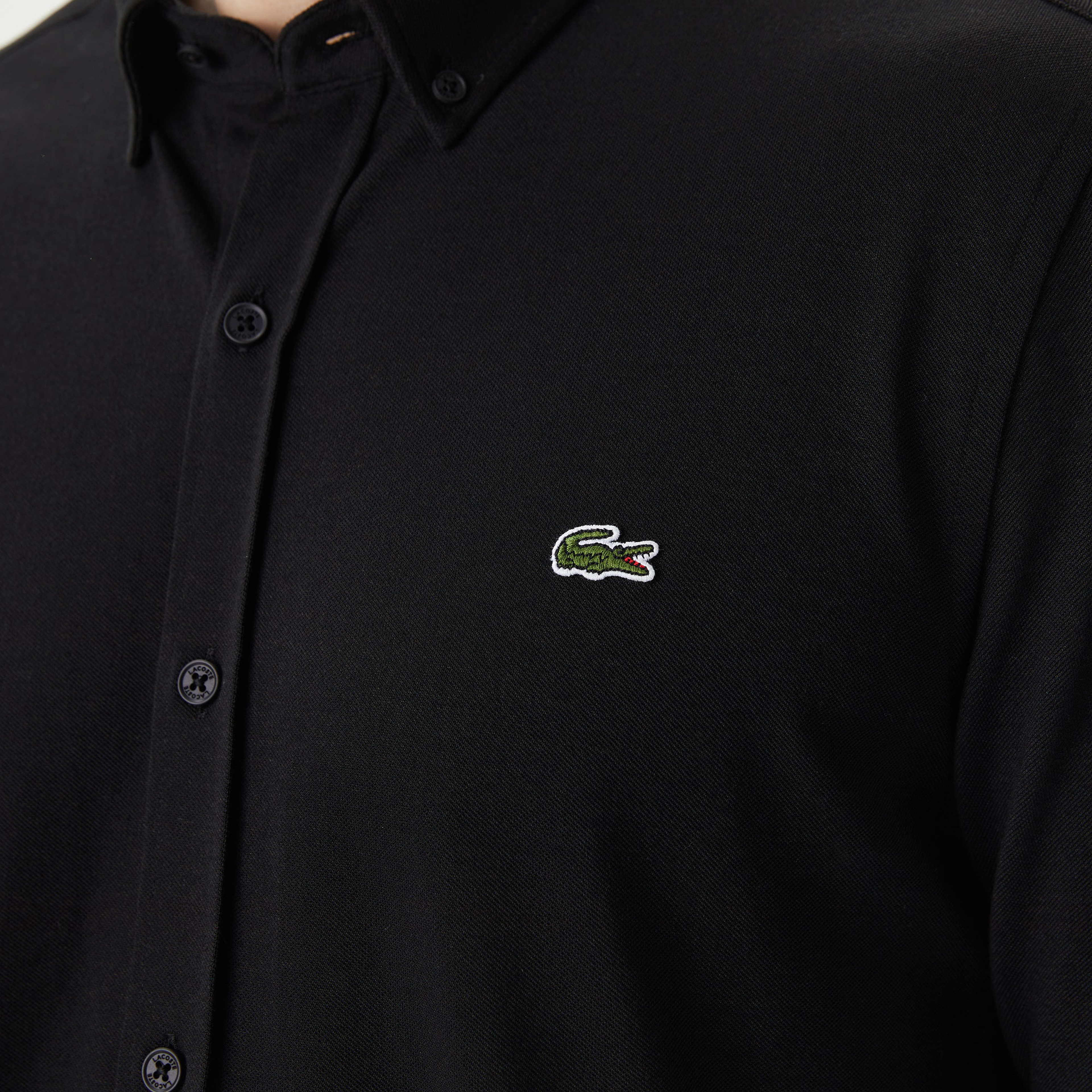 Erkek Slim Fit Düğmeli Yaka Siyah Gömlek