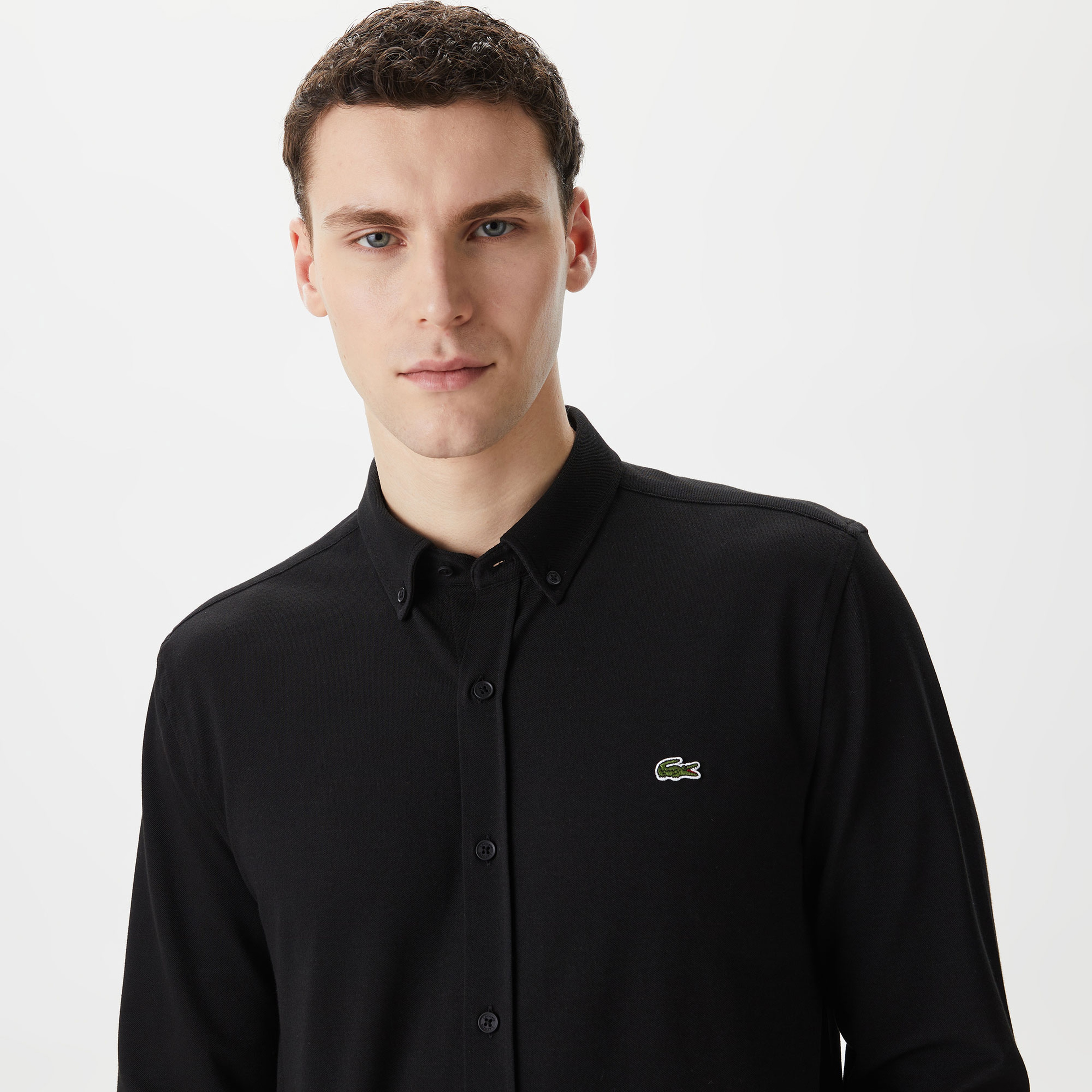 Erkek Slim Fit Düğmeli Yaka Siyah Gömlek