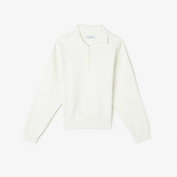 Kadın Crop Fermuarlı Beyaz Triko