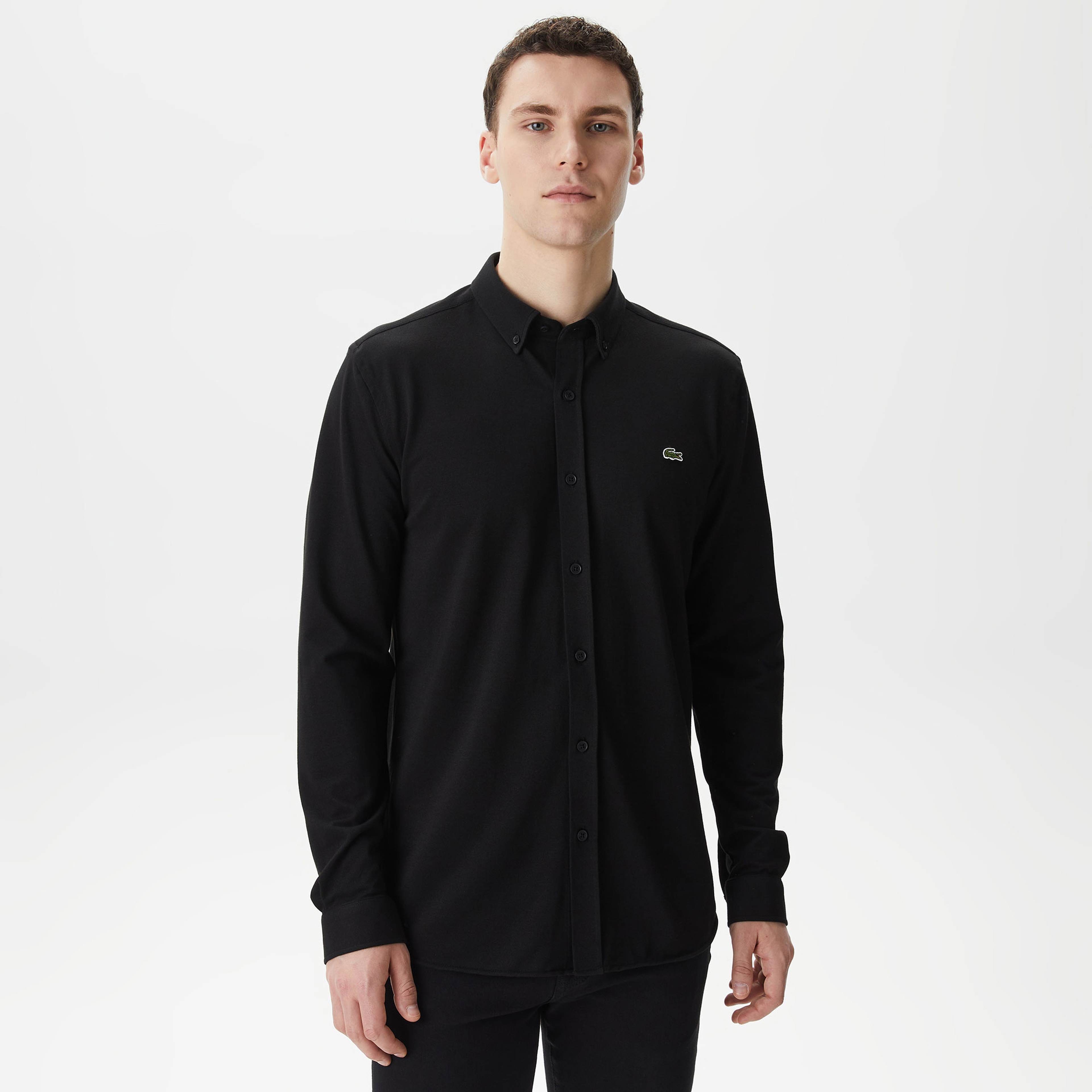 Erkek Slim Fit Düğmeli Yaka Siyah Gömlek