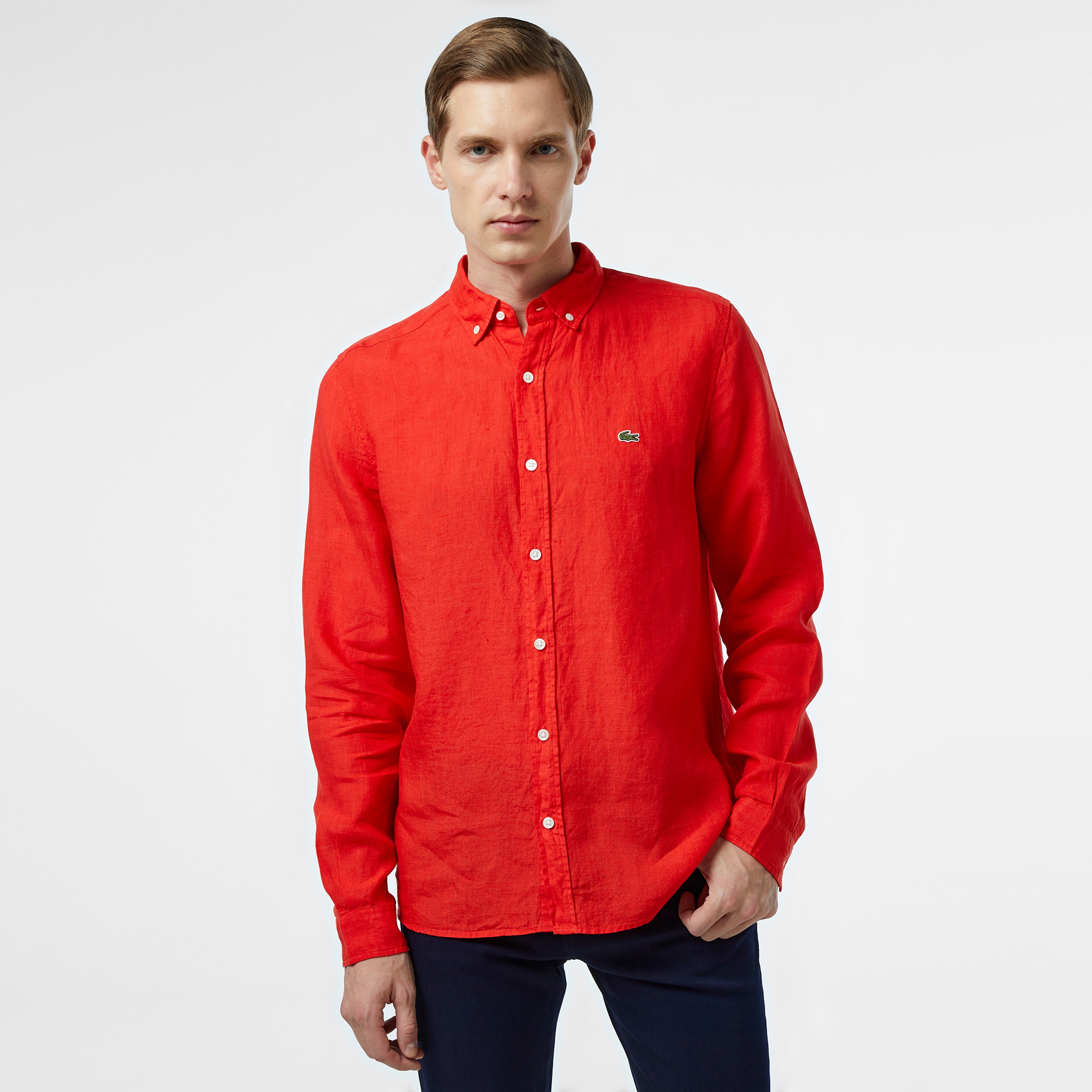 Lacoste Erkek Regular Fit Düğmeli Yaka Keten Kırmızı Gömlek