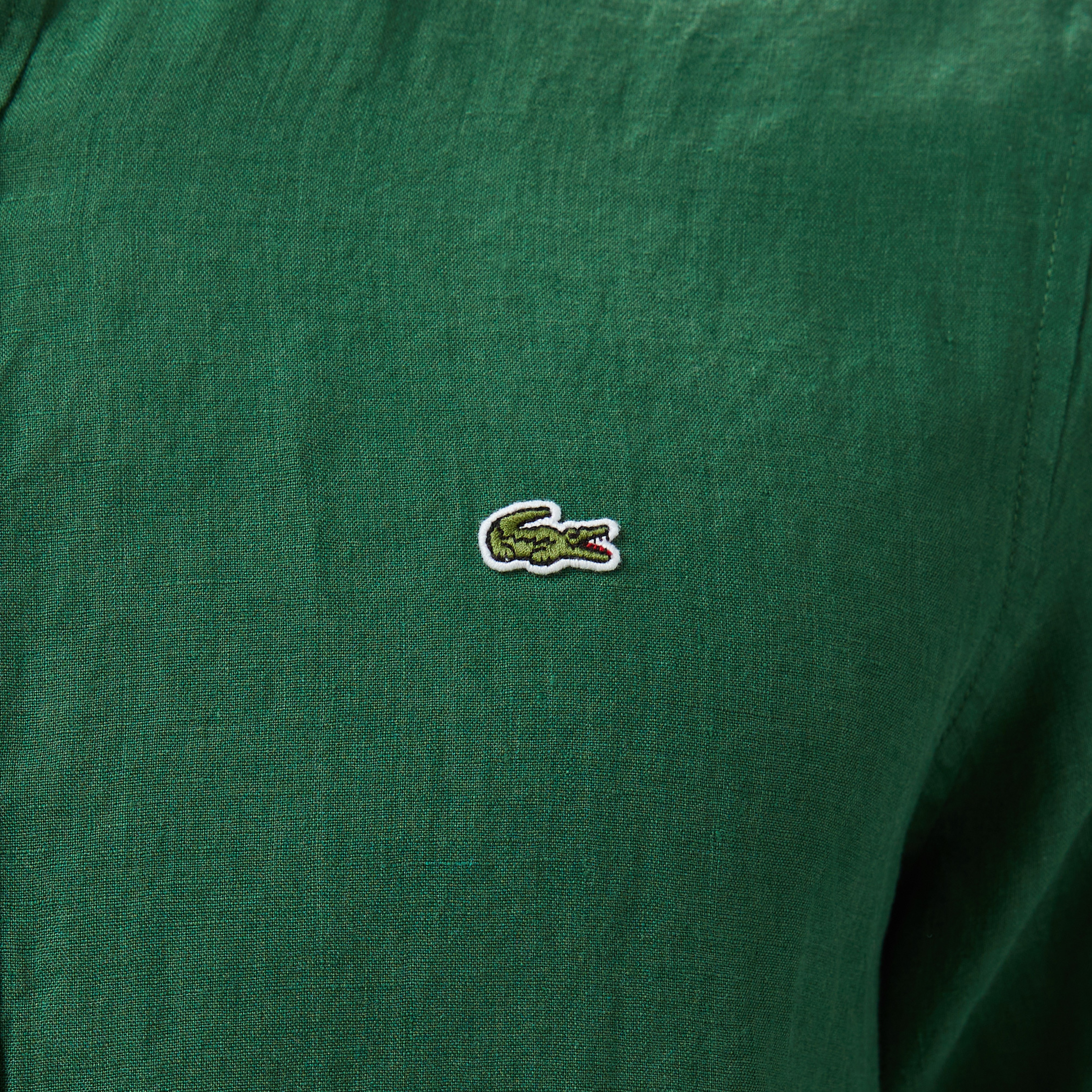 Erkek Regular Fit Düğmeli Yaka Keten Koyu Yeşil Gömlek