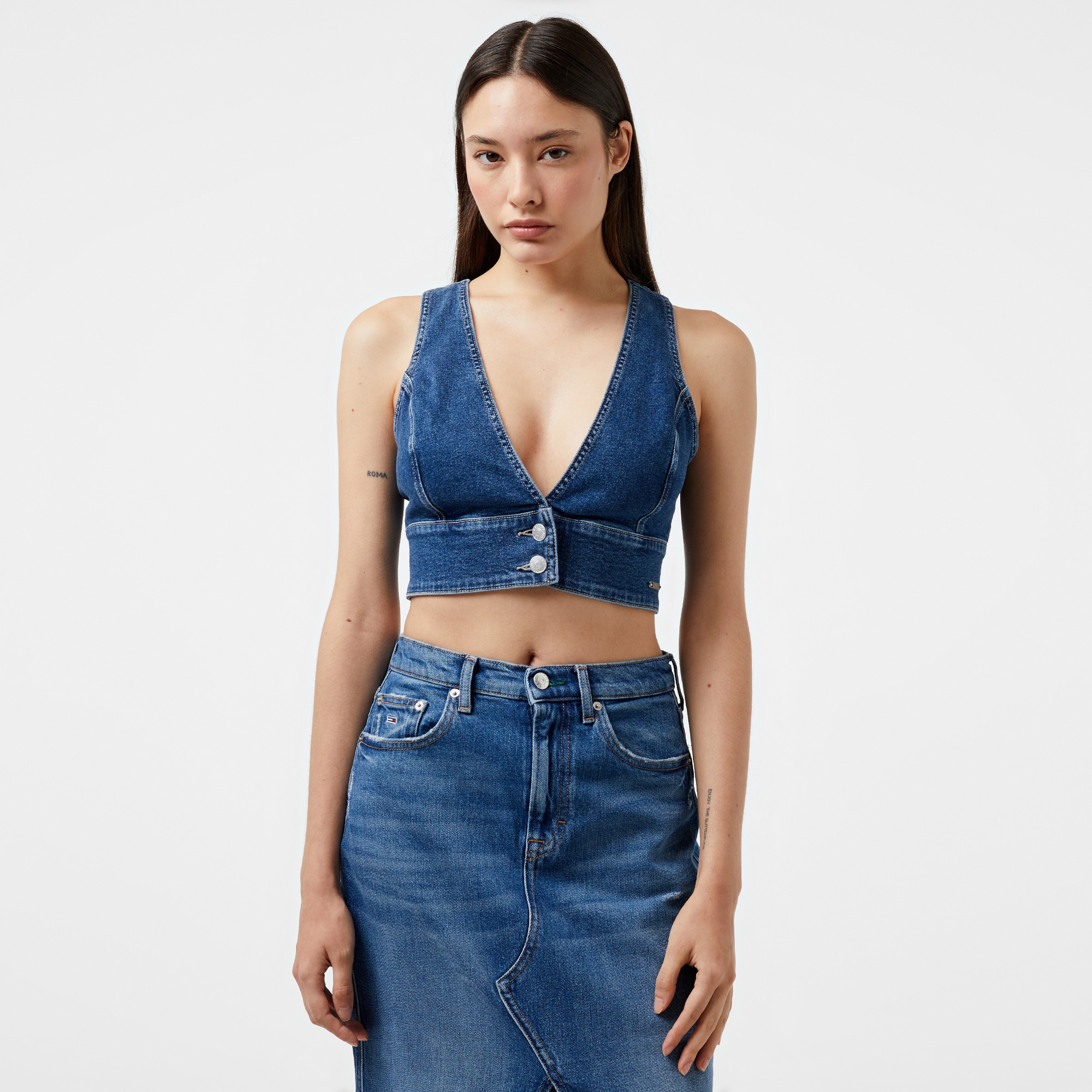 Tommy Hilfiger Jeans Top Button Through Kadın Mavi T-Shirt