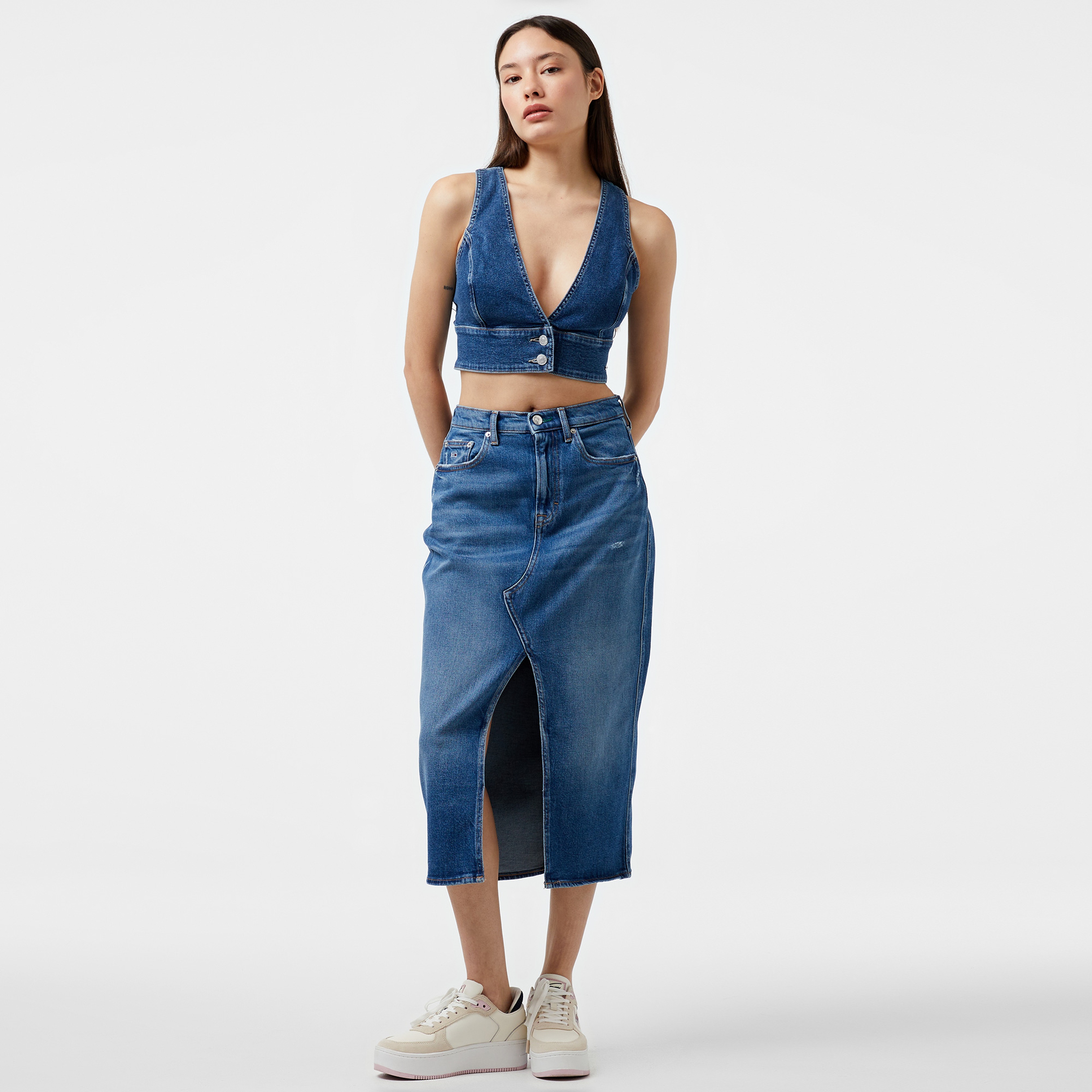 Tommy Hilfiger Jeans Top Button Through Kadın Mavi T-Shirt