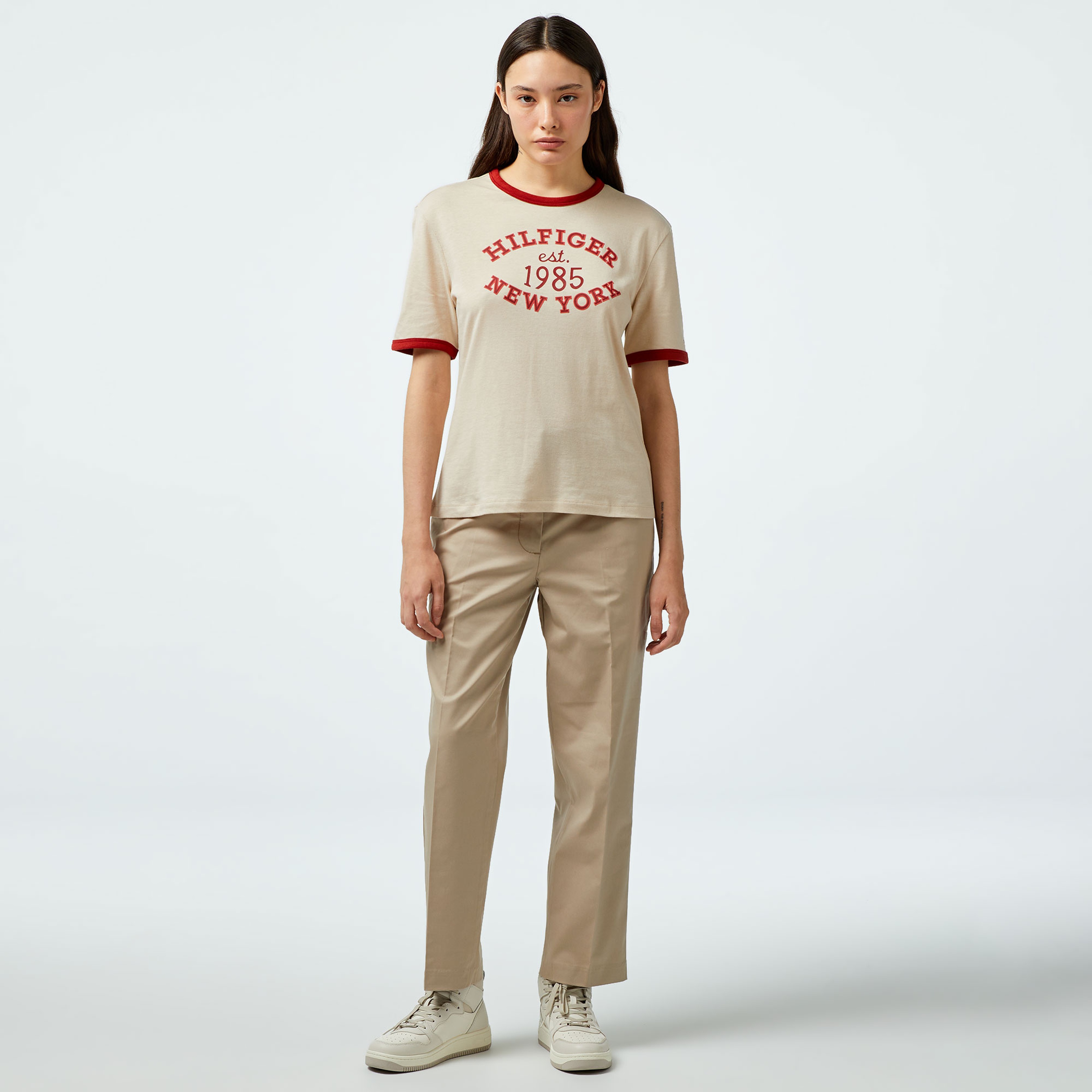 Tommy Hilfiger Varsity Ringer Kadın Bej T-Shirt