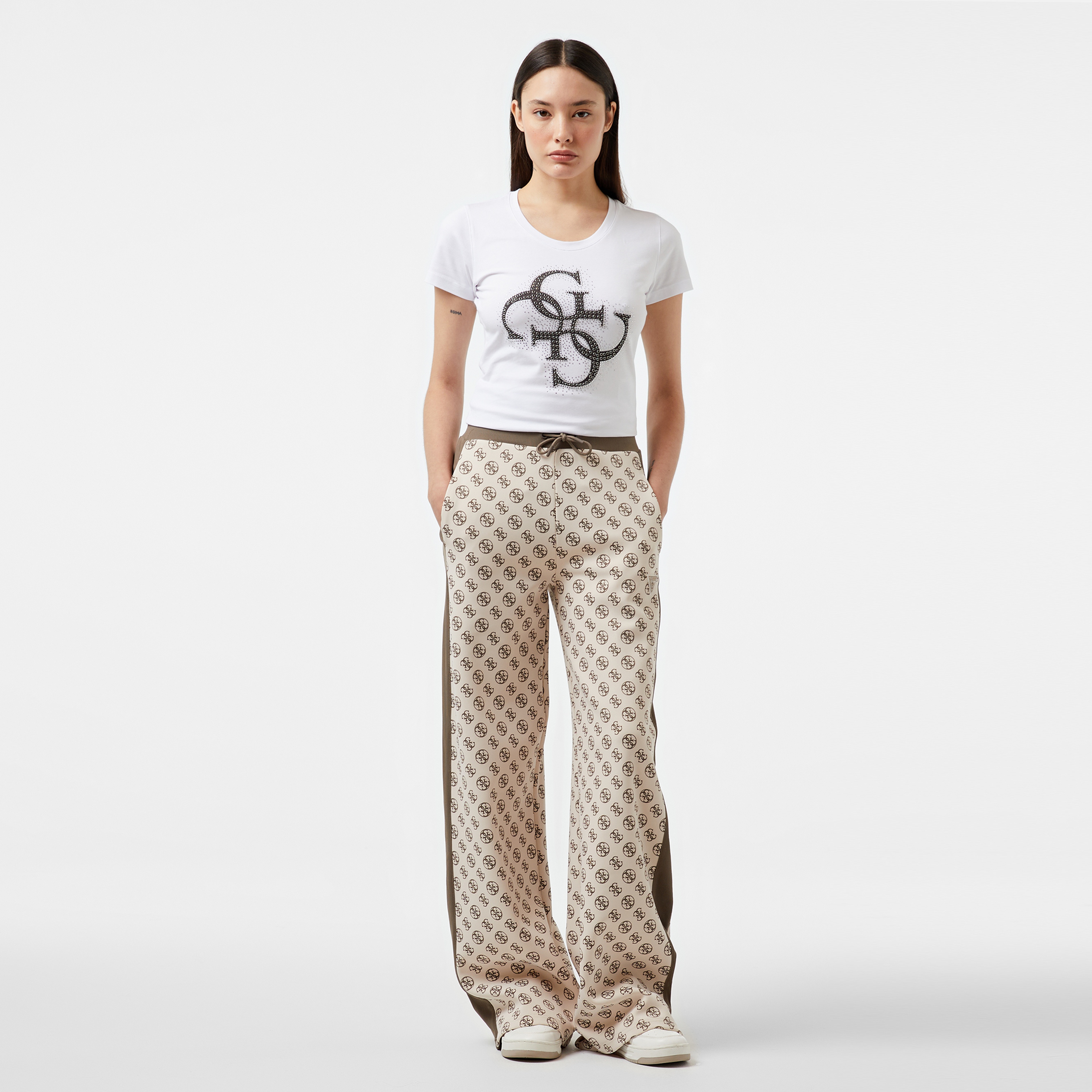 Guess Rn 4Logo Mid Organic Stretch Jersey 180 Kadın Beyaz T-Shirt